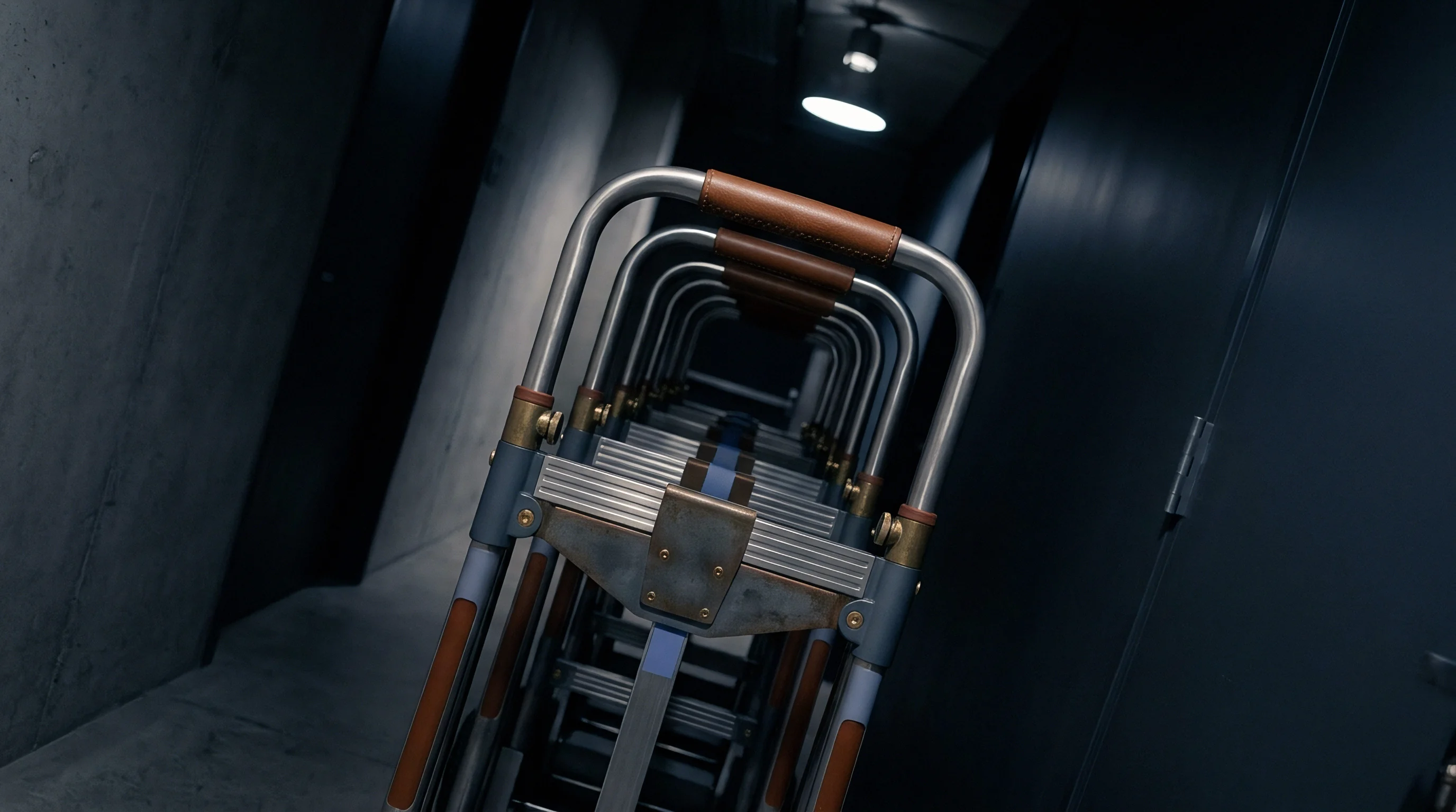Identical metallic utility structures with stitched leather handle grips stand aligned in a row along a narrow concrete corridor.