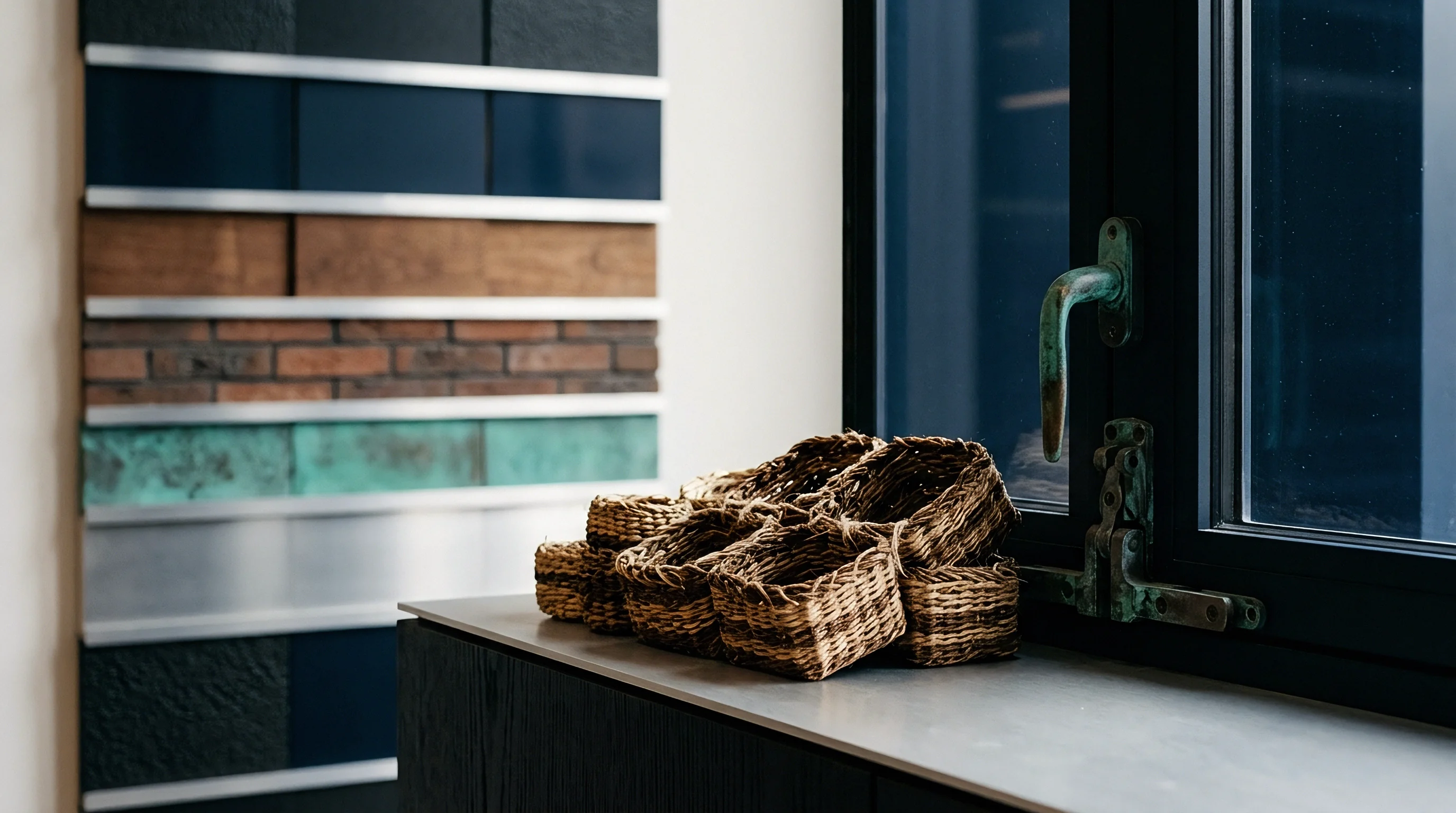 A grid of textured material samples with brick and metal sits beside woven vessels on a dark ledge near a weathered casement window.