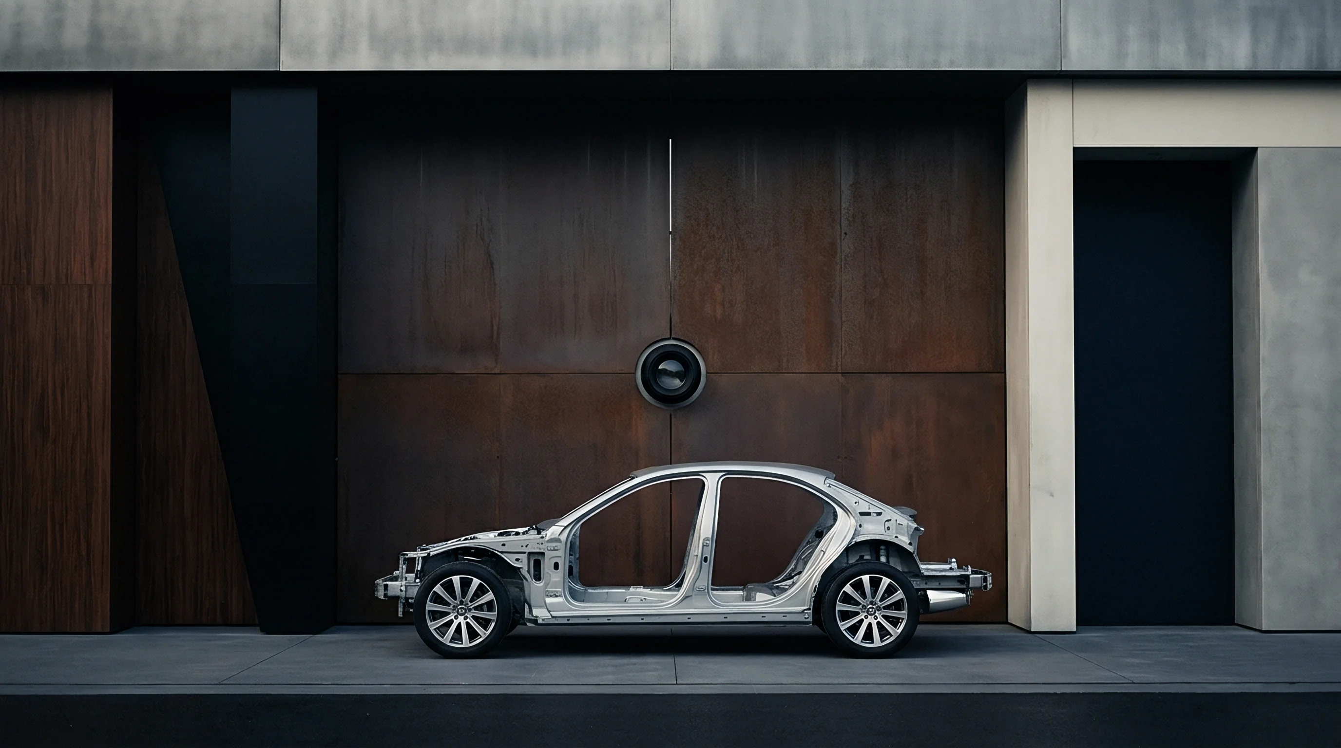 A bare automotive body in white structure with wheels stands on a concrete slab before a multi-textured industrial building facade.