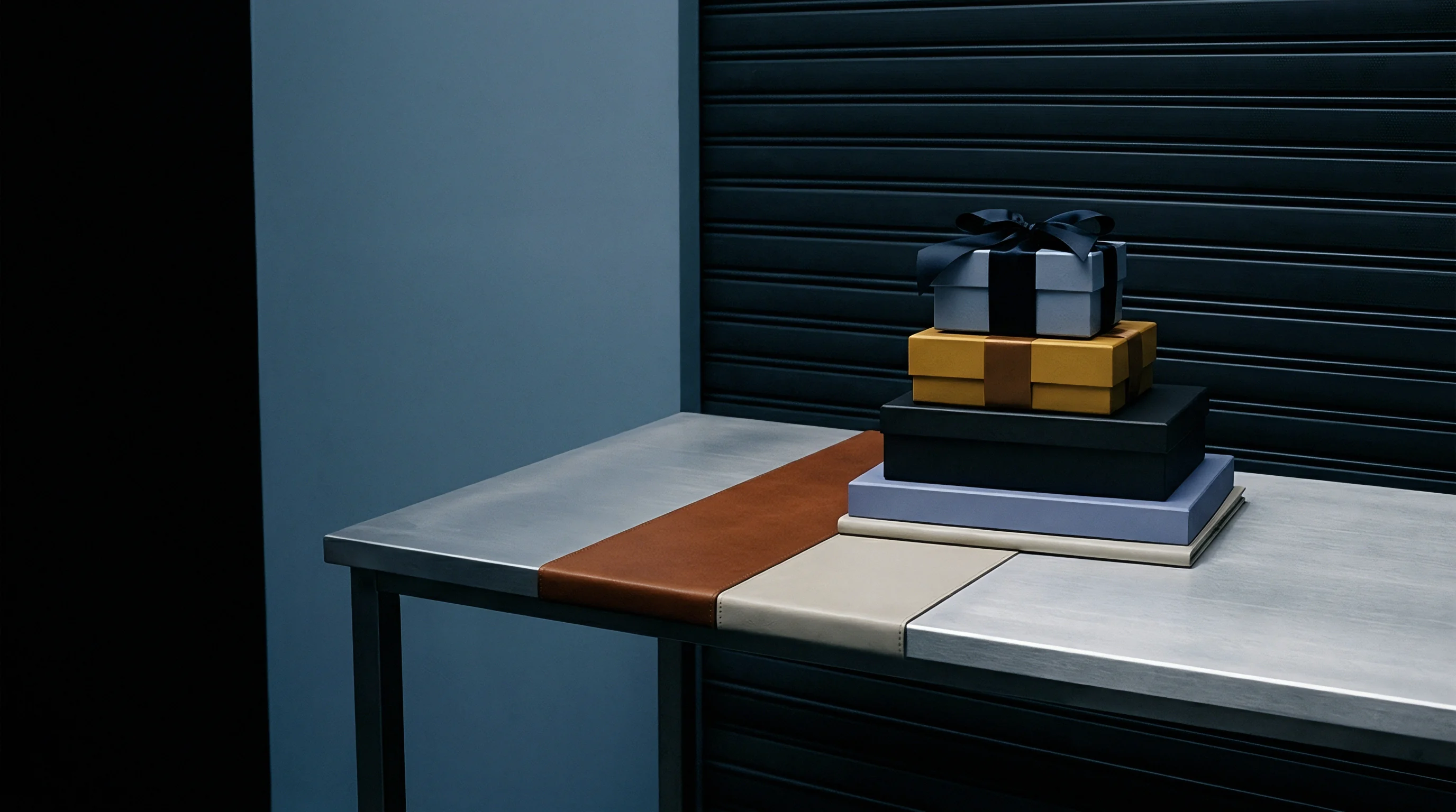 Stacked gift boxes with ribbon rest on a textured metal industrial workstation featuring inlaid leather strips alongside a dark roll up door.