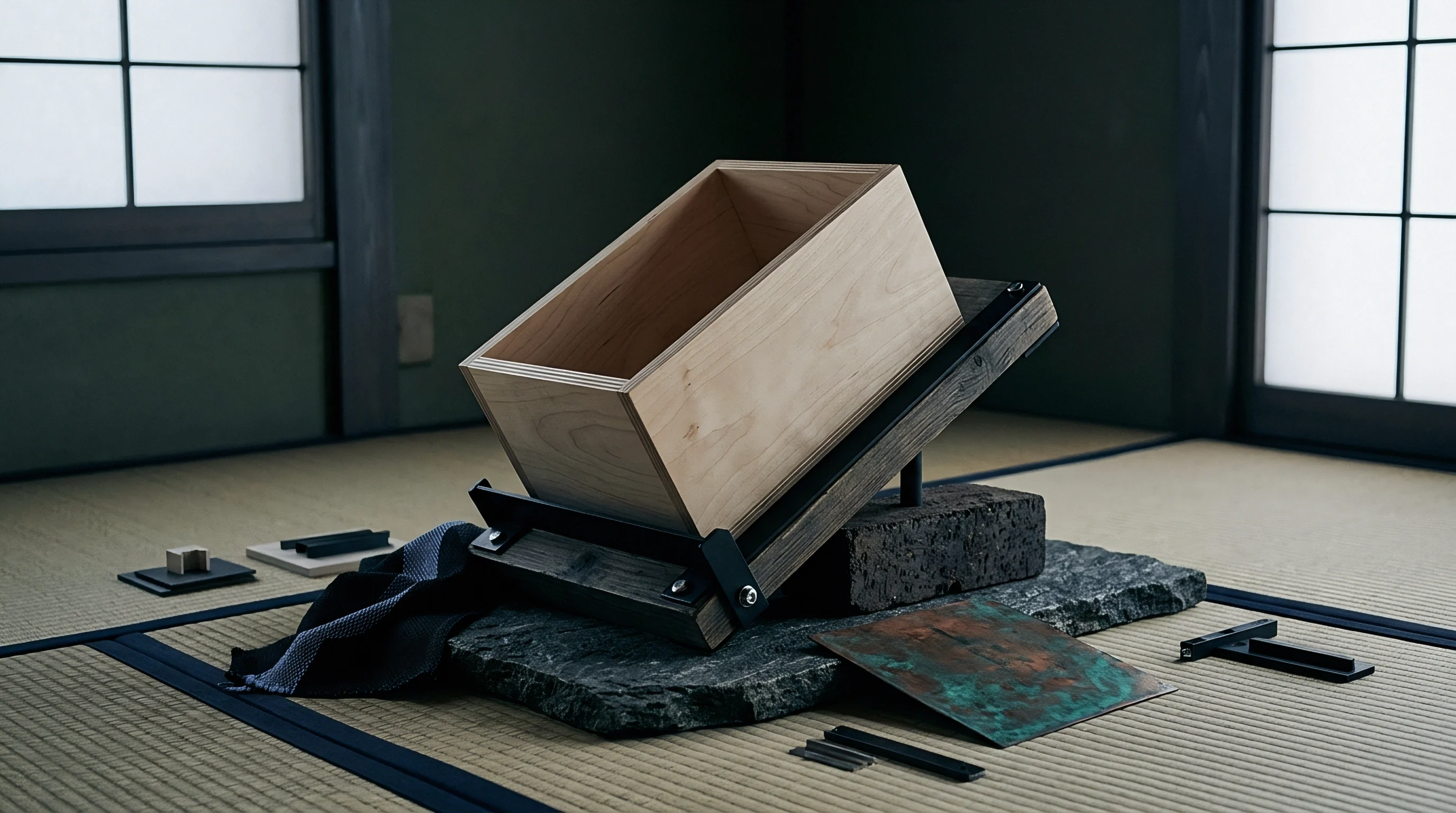 A slanted wooden box rests atop layered stone and wood elements on a tatami mat beside small components and a patinated metal sheet.