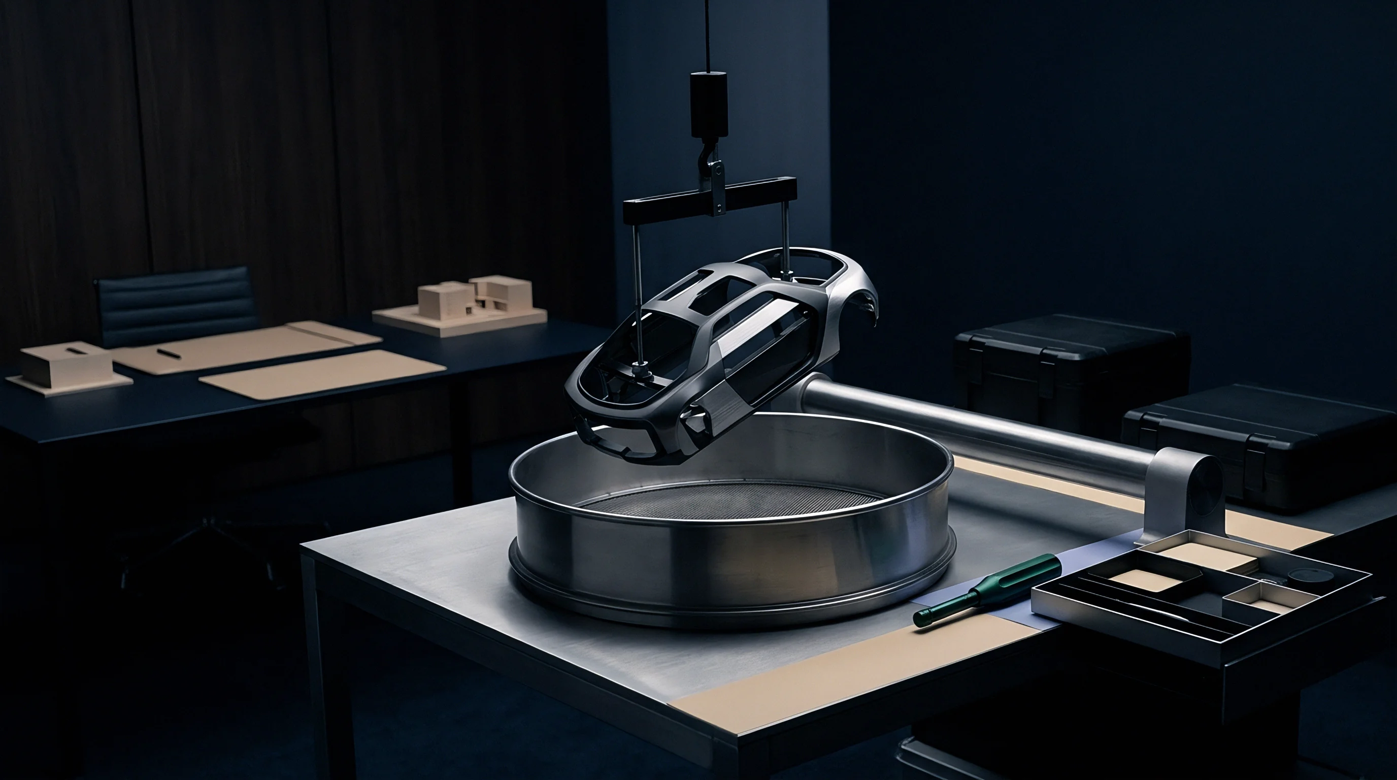 A metallic scale automotive prototype hangs suspended above a circular steel basin inside a precision engineering workshop.