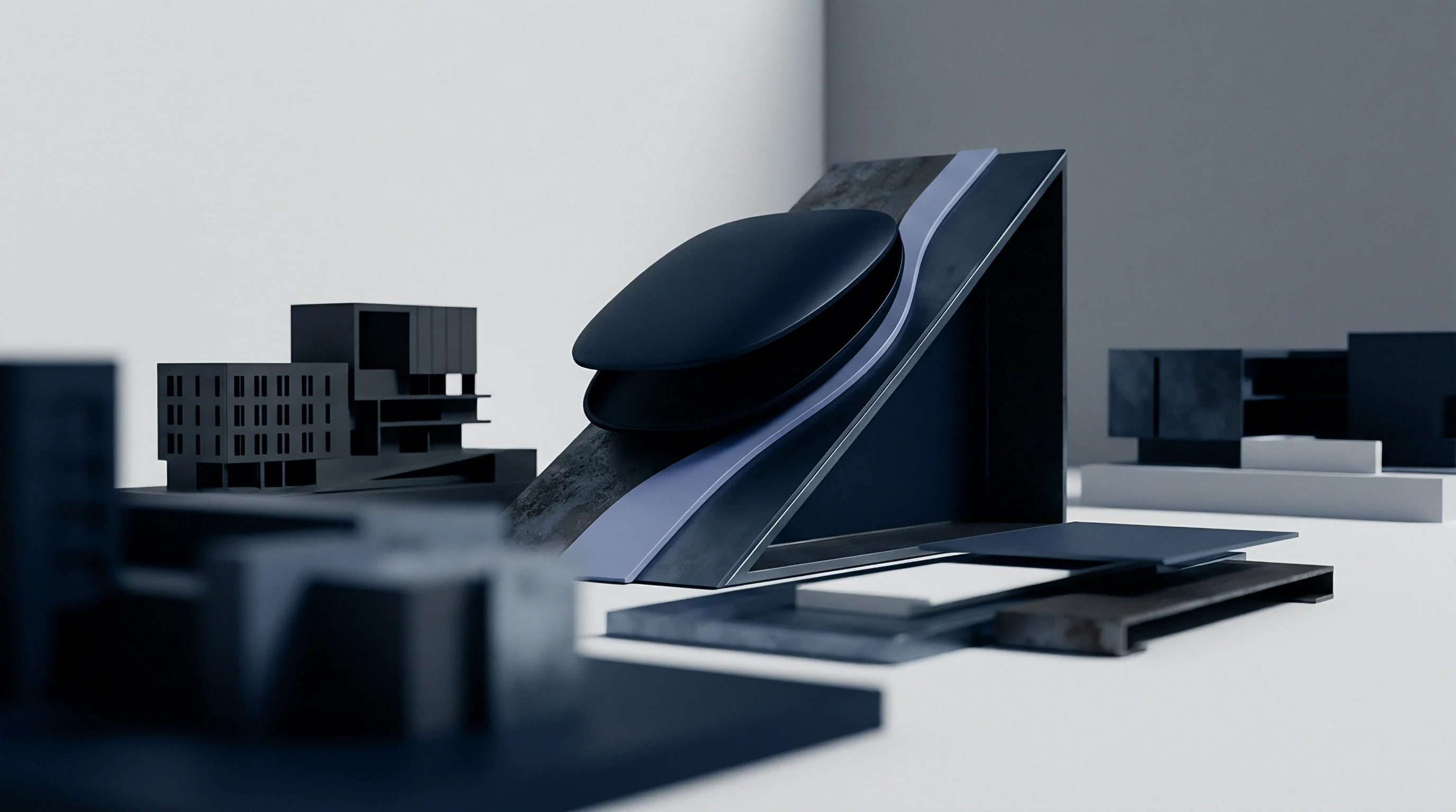 A computer generated illustration presents abstract structural and industrial design models featuring dark matte forms and smooth blue-grey components on a light surface.