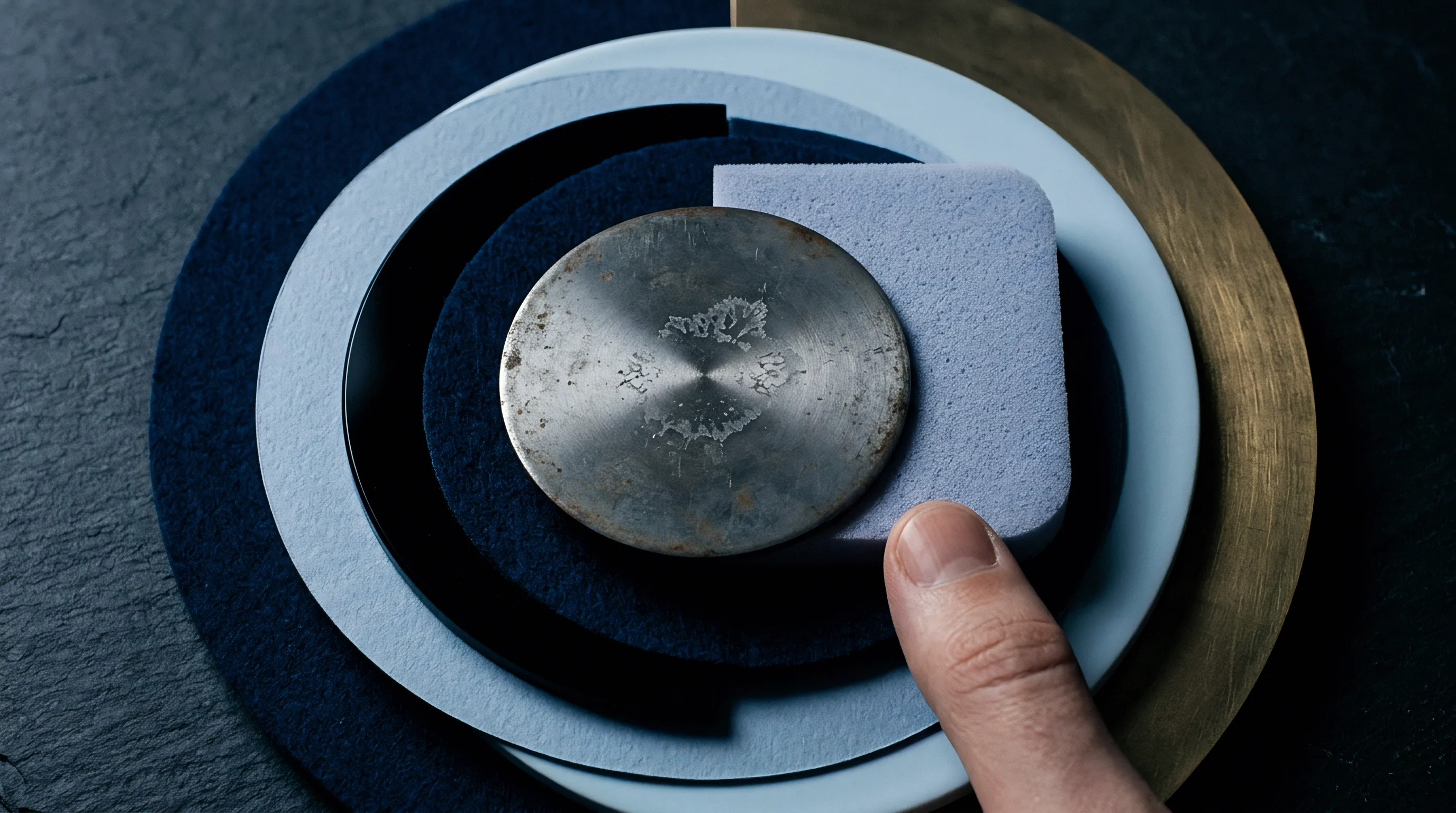 Various industrial materials including textured textiles, pressed paper, finished metal disks, and polymer foam are arranged in concentric circular layers.