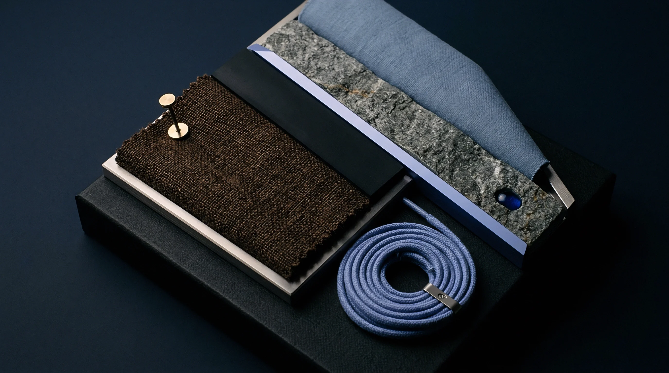 A professional layout displays textile swatches, rough stone, a braided cord, and sundry components on dark surfaces.