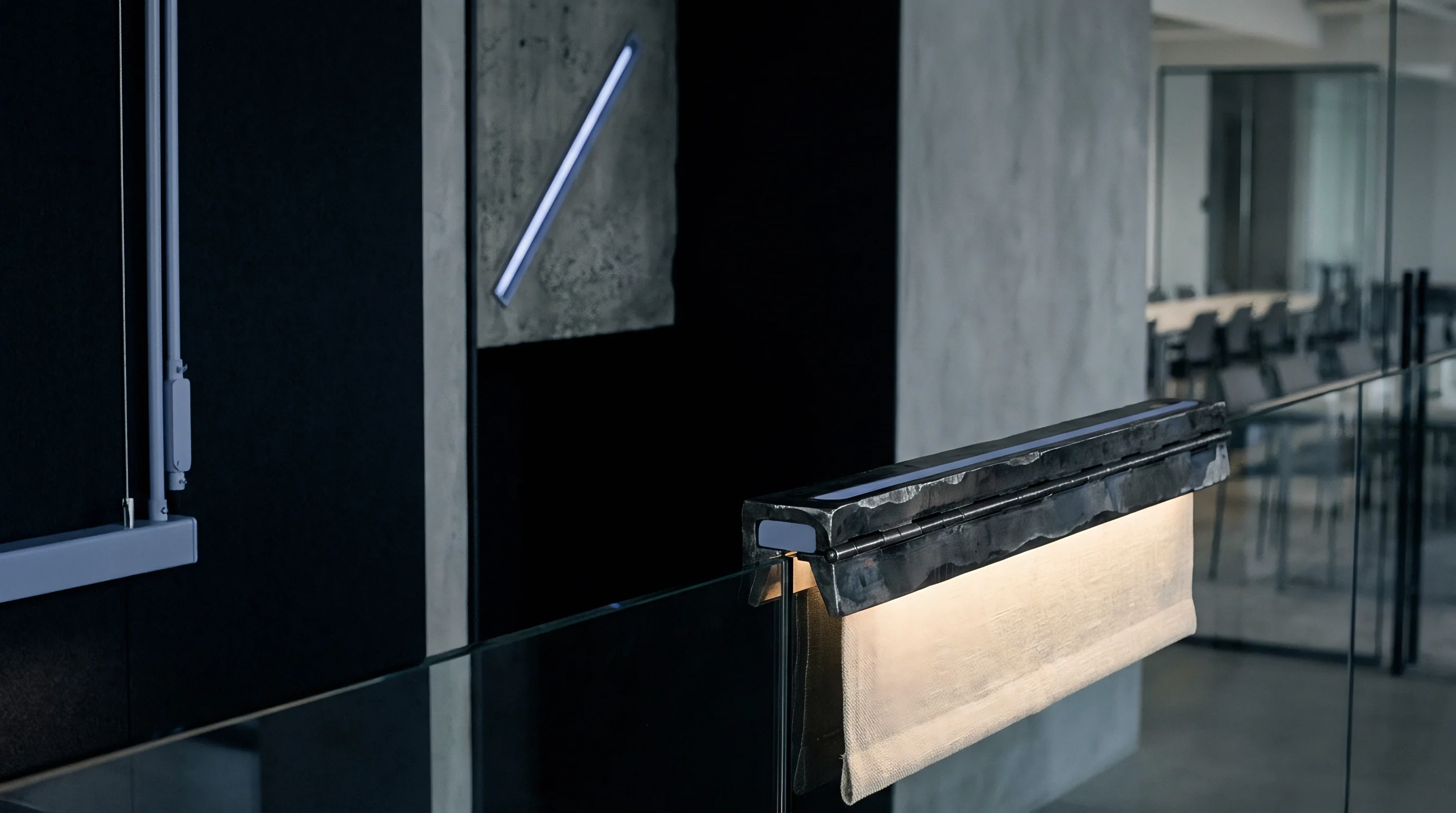 Textile and hammered metal light fixture rests on a glass balustrade inside a modern industrial corporate office environment.