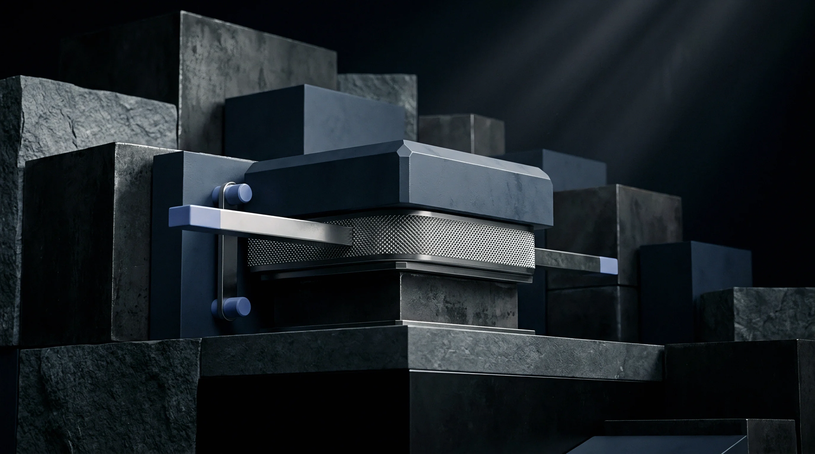 A digital render presents a precision engineered mechanical assembly mounted on heavy stone blocks within a dark production environment.