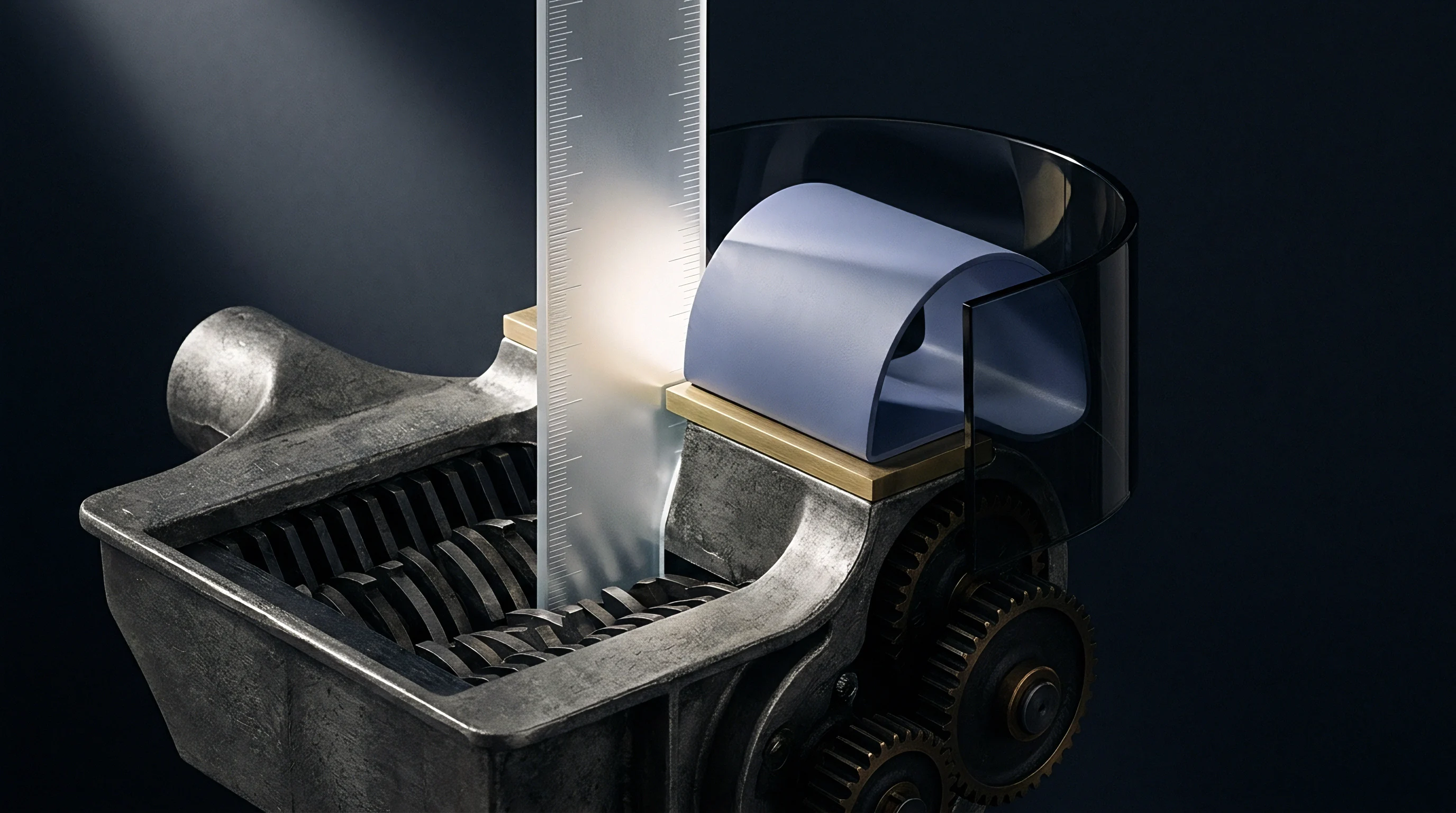 A digital render shows a heavy industrial shredder with dual counter rotating steel blades and a translucent guide feeding a polymer sheet.
