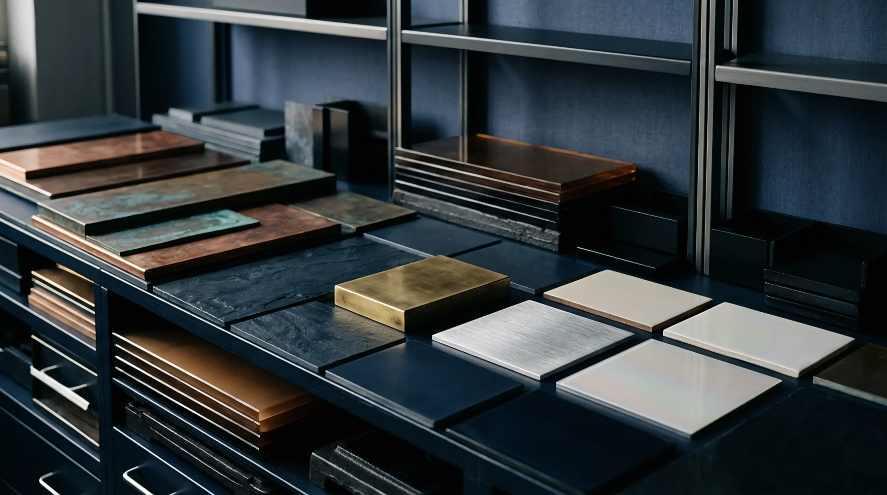 A professional collection of metal, stone, and composite material samples are displayed horizontally on tiered dark shelving in a manufacturing design studio.