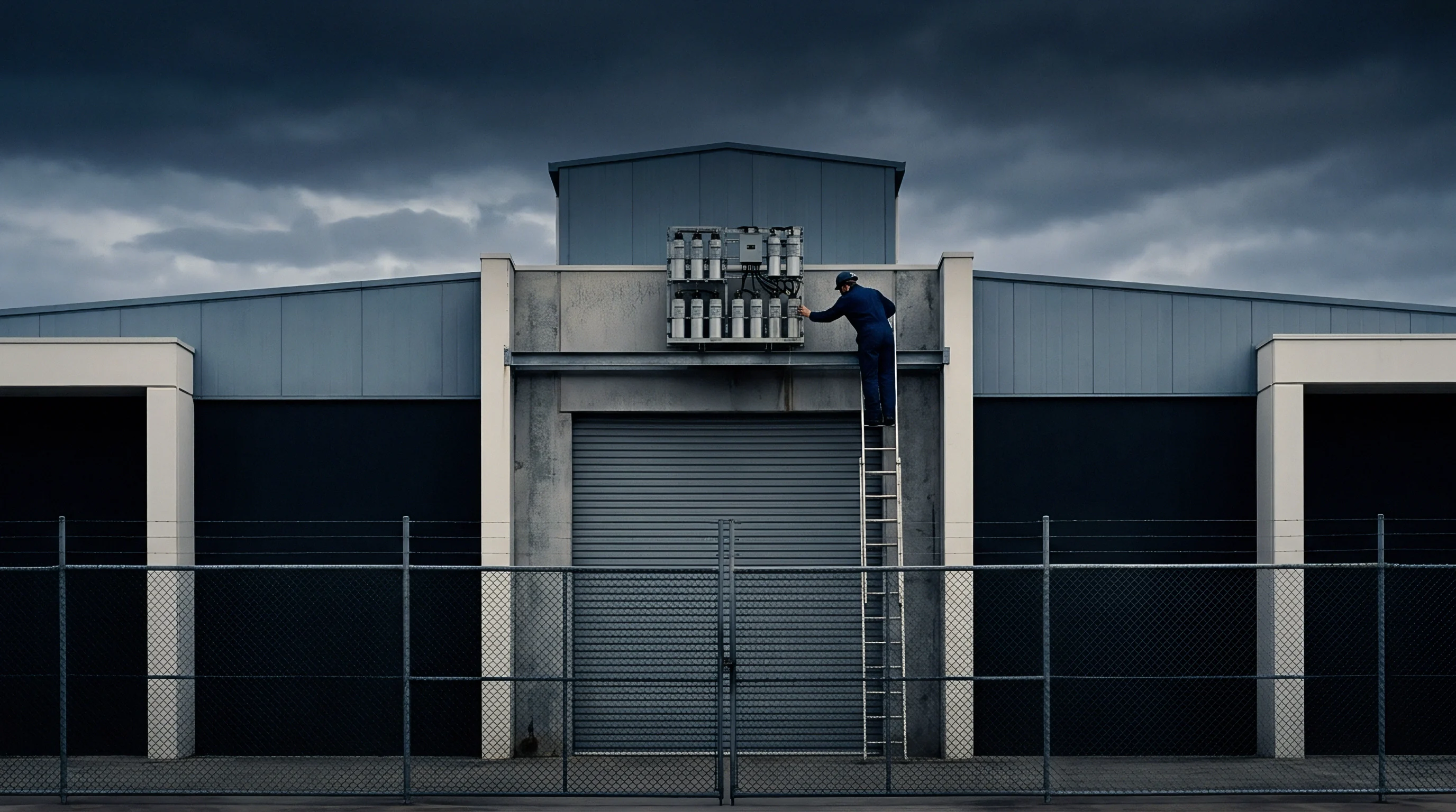 A digital render shows a technician on a ladder servicing exterior electrical equipment on the facade of a large industrial facility with chain link fencing.