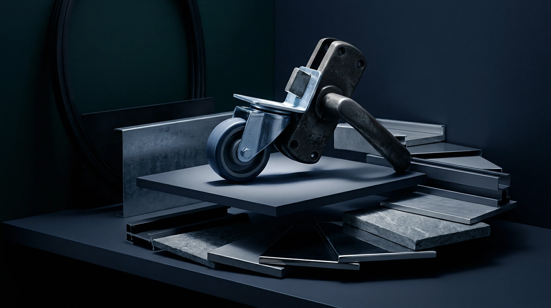 A robust caster wheel assembly sits atop dark metal sheets and profiles, surrounded by various industrial components and structural materials.