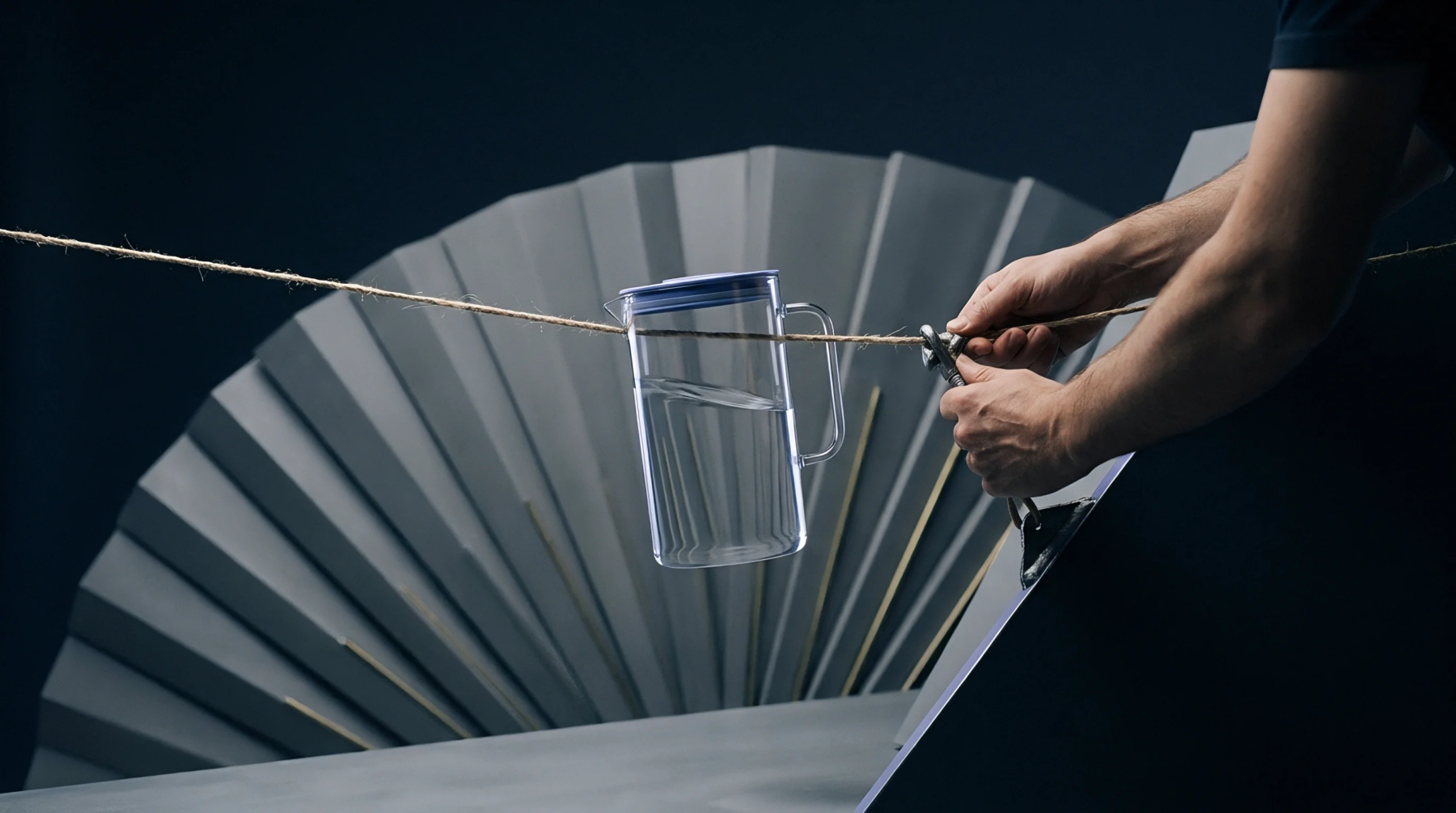 Transparent glass pitcher remains suspended on a taut horizontal cord held between human hands against pleated geometric industrial background elements.