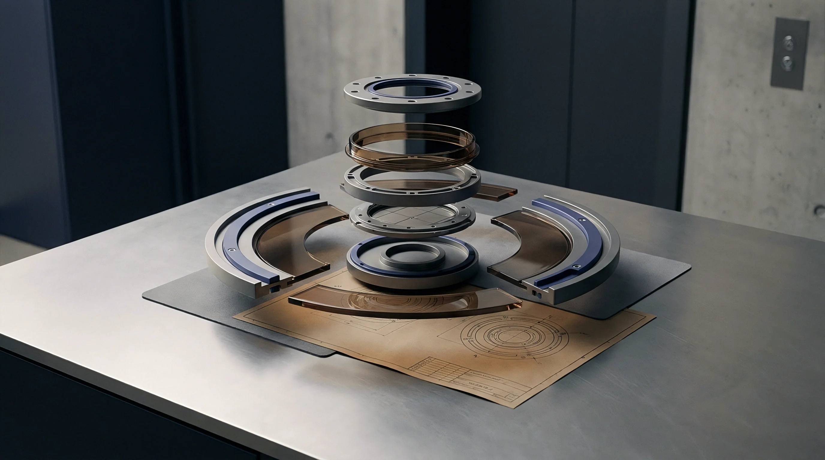 Metallic and composite industrial seals in an exploded view 3D render sit above a technical schematic on a workspace surface.