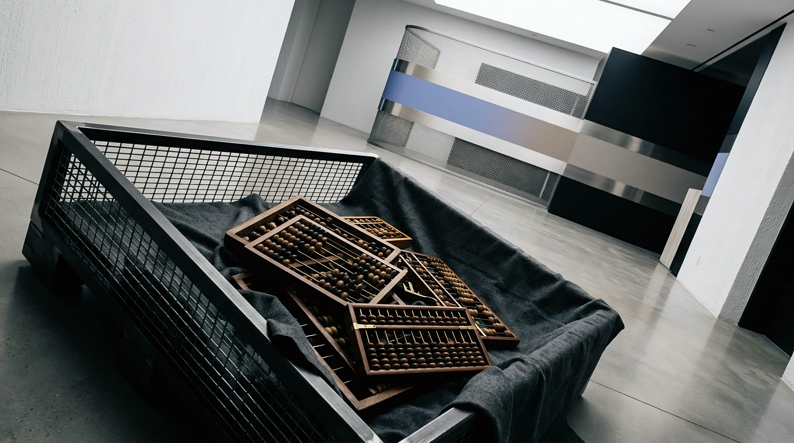 Wooden abacuses rest within a dark wire mesh industrial transport cart located on a concrete floor inside a stark modernist architectural environment.