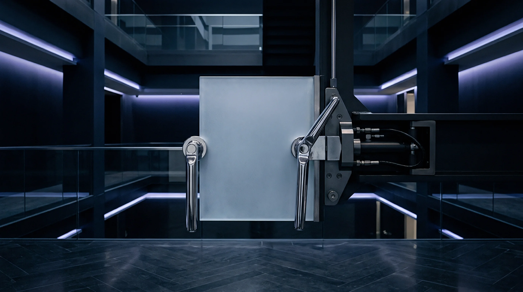 A heavy steel mechanical locking assembly with dual chrome levers and pneumatic cylinders bridges a multi story corporate industrial corridor.