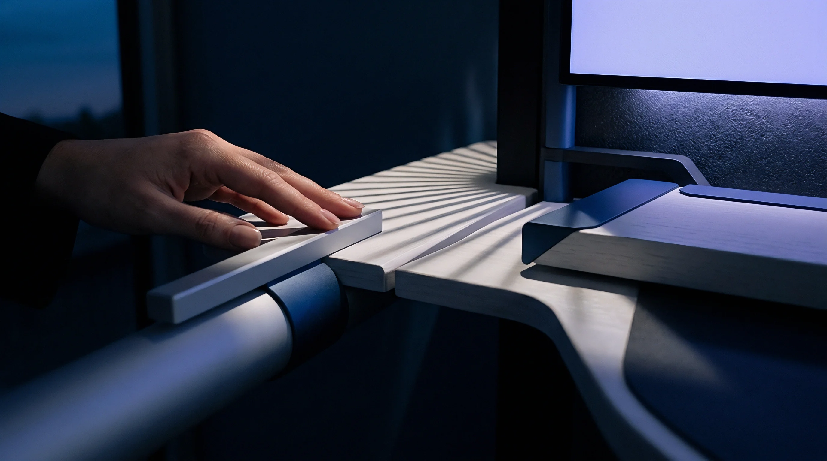 A human hand rests on a linear controller mounted to a modular white console desk in a modern industrial workstation.