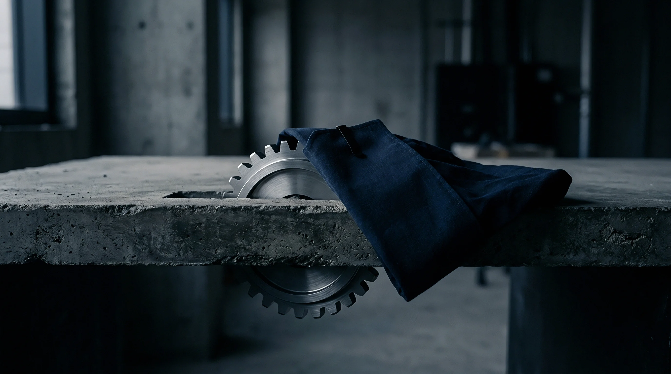 A metallic circular blade rests inside a heavy concrete slab under a dark blue textile within an empty industrial workspace.