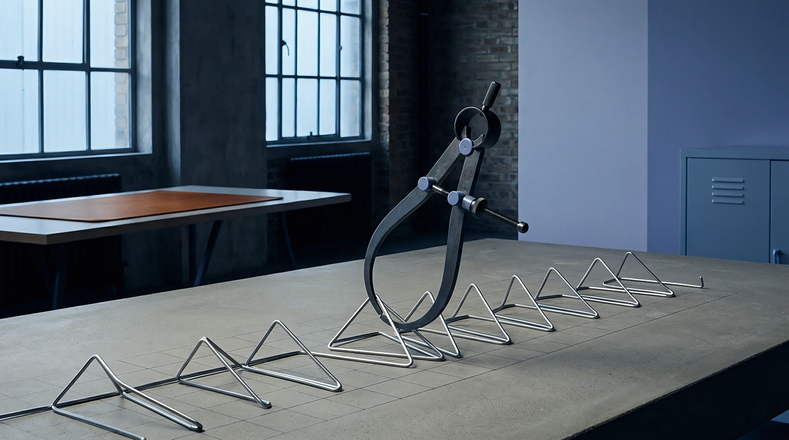 Industrial calipers rest upon a concrete inspection table alongside precise wire frame alignment guides arranged in a systematic grid for process assessment and structural verification.