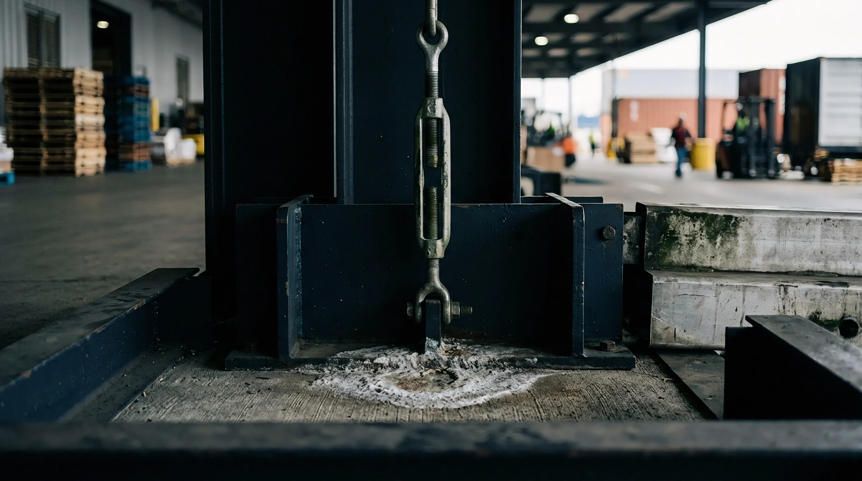A steel column base anchors securely to a concrete slab within an active warehouse production facility environment.