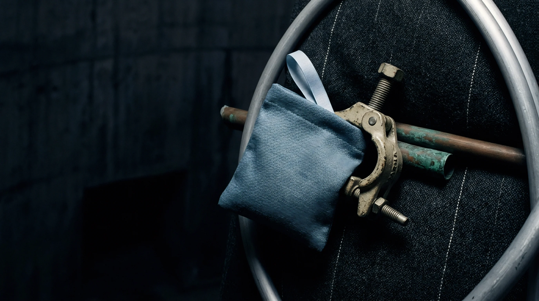 A textile swatch pouch rests secured by an industrial pipe clamp against a coarse synthetic surface to demonstrate material fastening and assembly validation protocols.