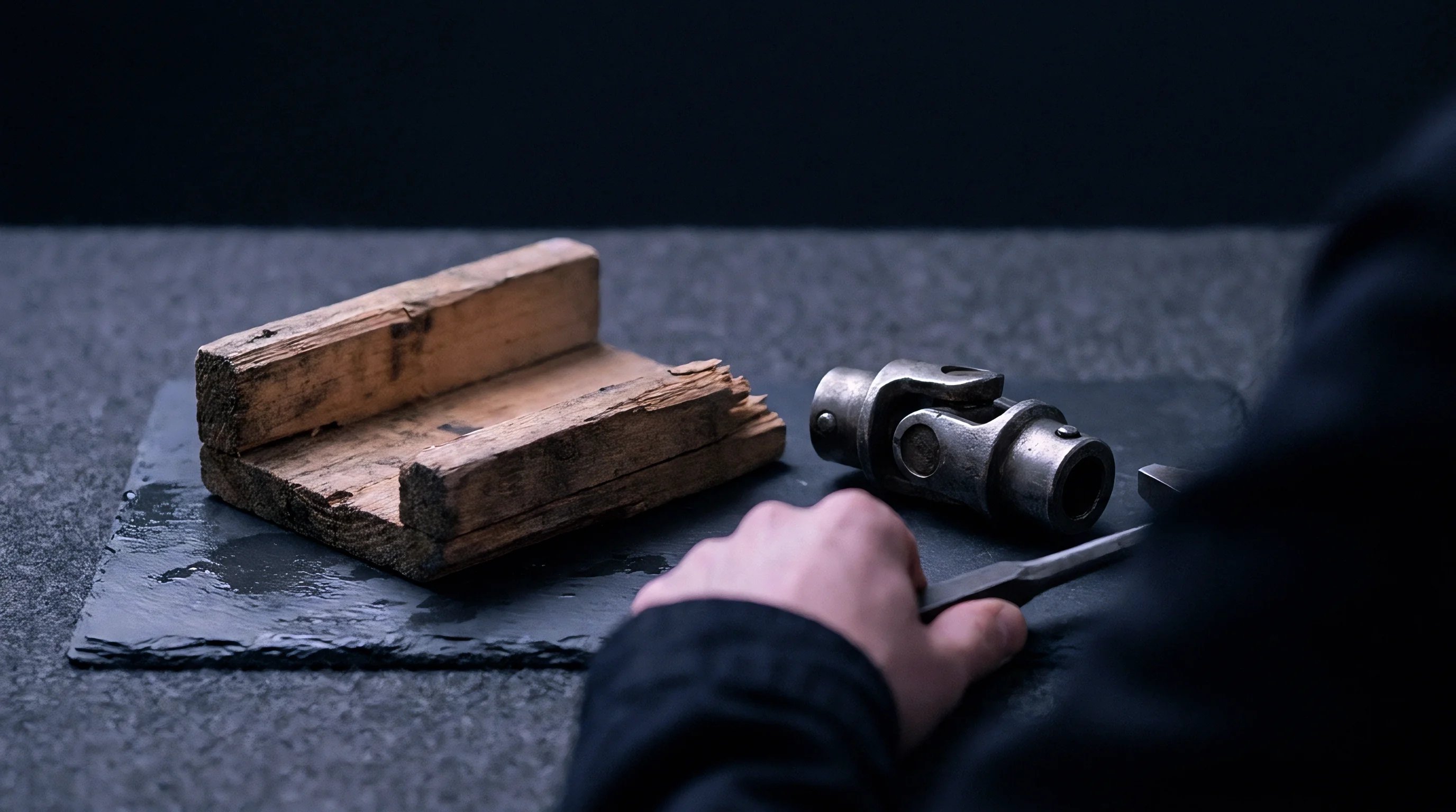 Weathered timber offcuts and a steel universal joint rest on a slate slab beside a hand holding a precision metal punch.