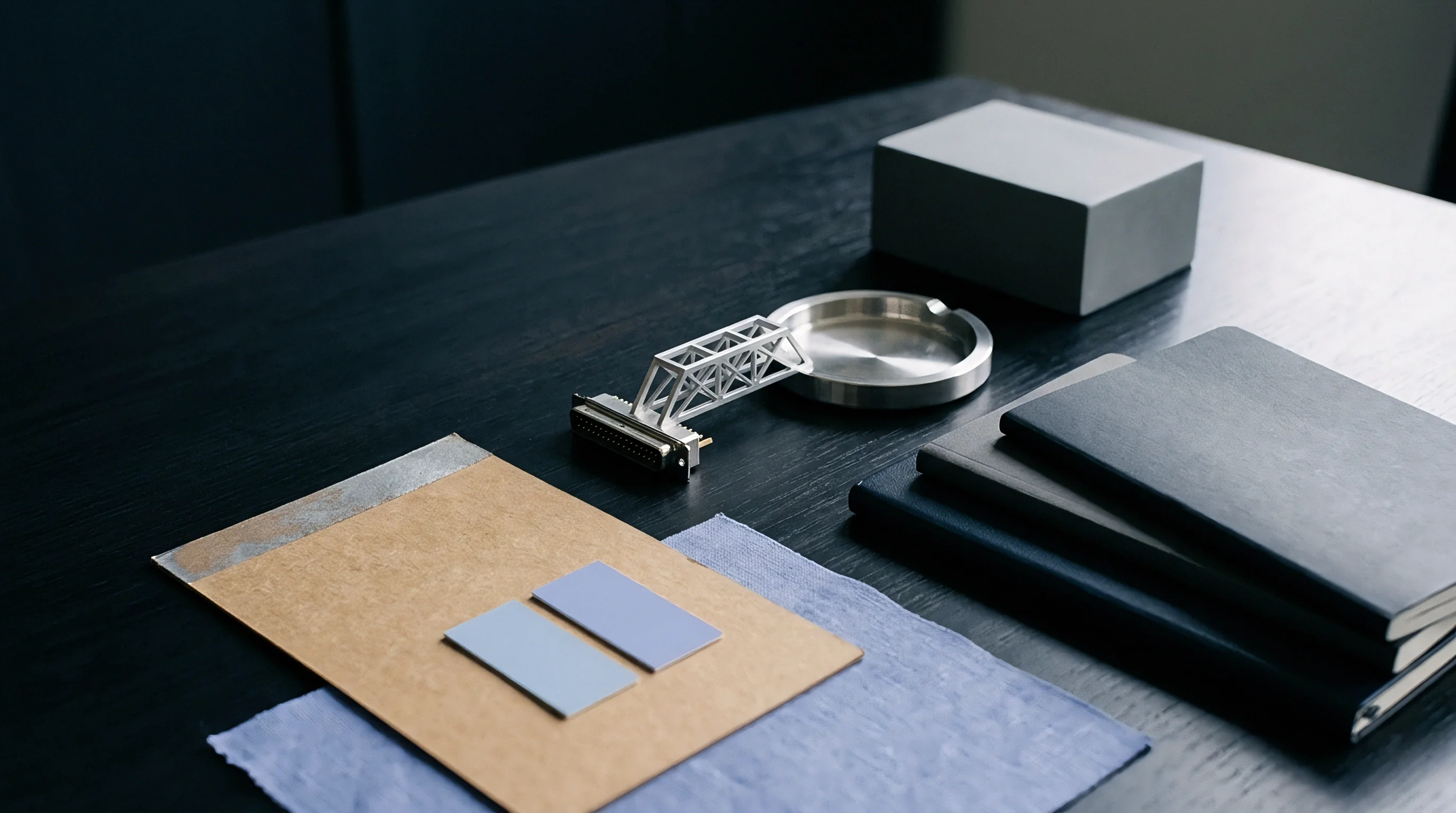 Metallic structural prototypes, raw material swatches, bound notebooks, and electronic connectors rest on a dark wooden industrial workstation table.
