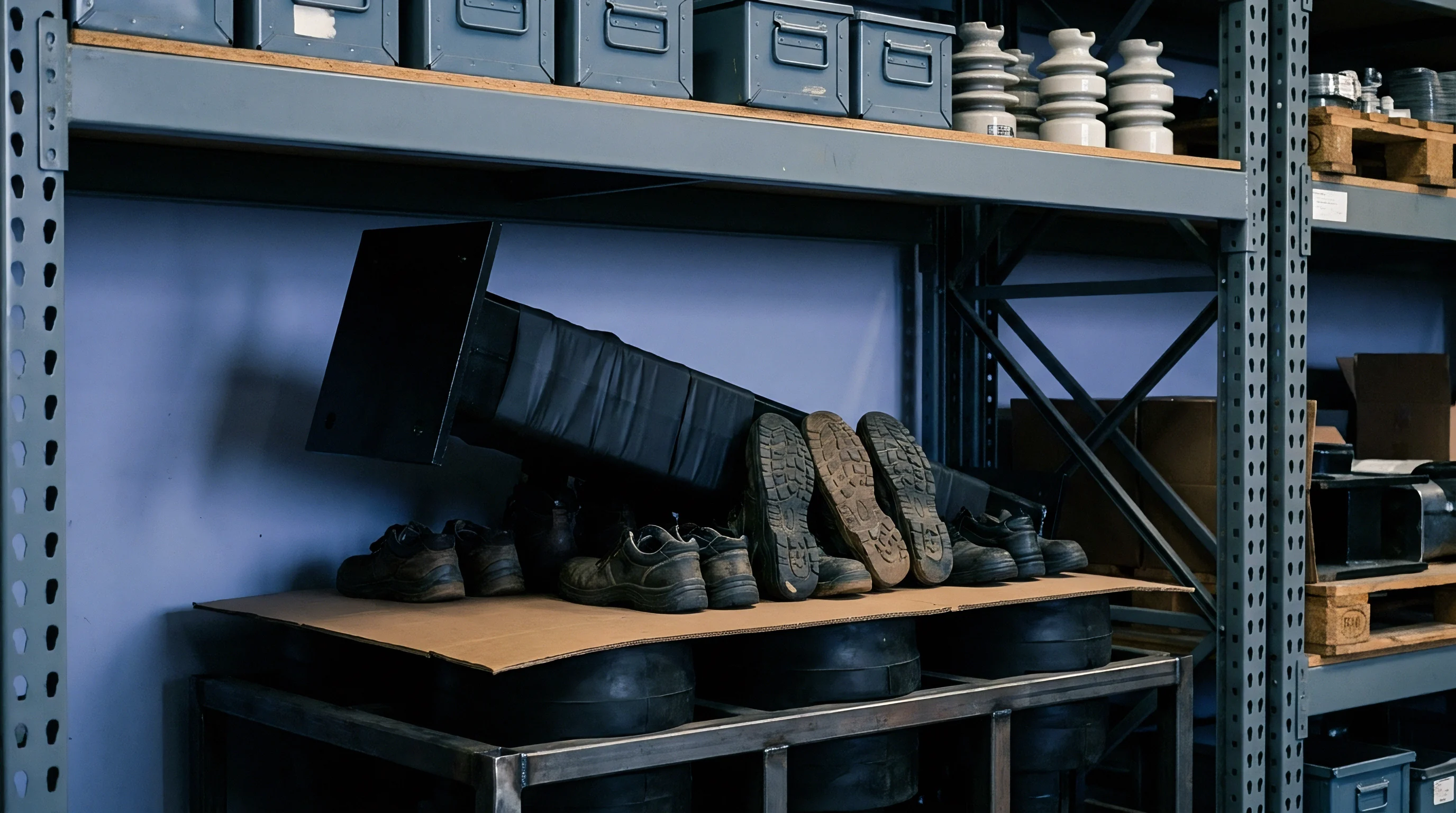 Industrial steel racking holds safety work boots, a heavy steel column, and ceramic insulator parts inside a manufacturing warehouse storage facility.