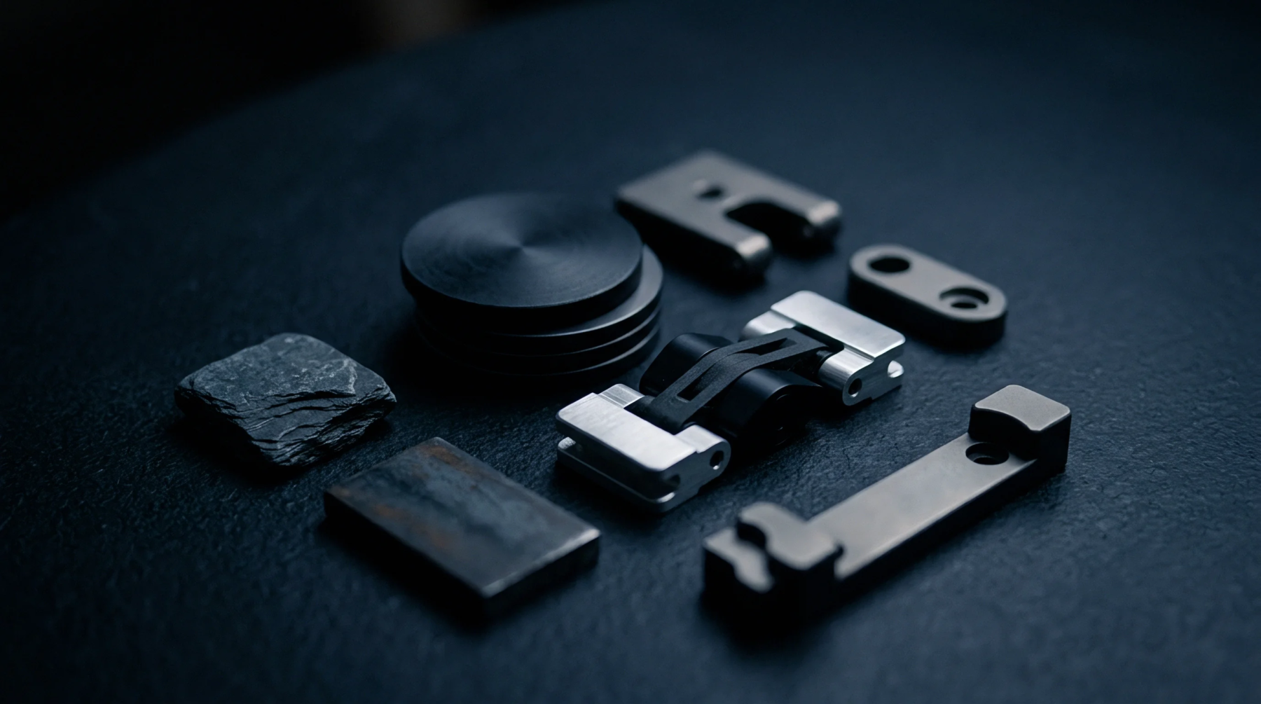 A collection of machined metal components and geological stone samples are arranged on a dark textured surface suggesting raw materials and manufactured parts.