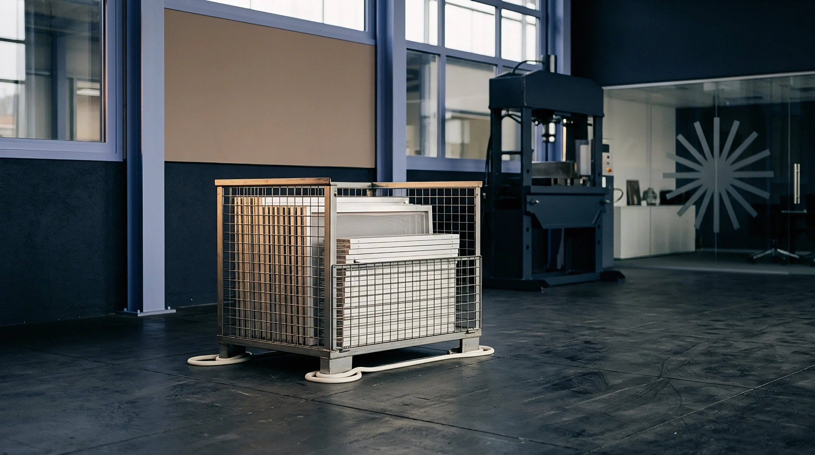 A metal wire mesh trolley filled with stacked rectangular panels rests on a concrete floor beside a heavy industrial press machine in a workshop.