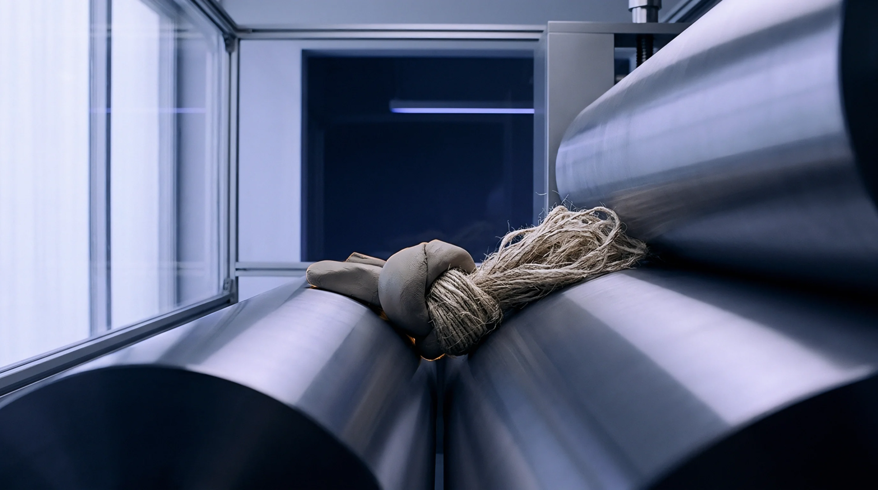 Natural fiber bundle lies between polished steel cylinders within an enclosed technical testing apparatus set against a dark background environment.