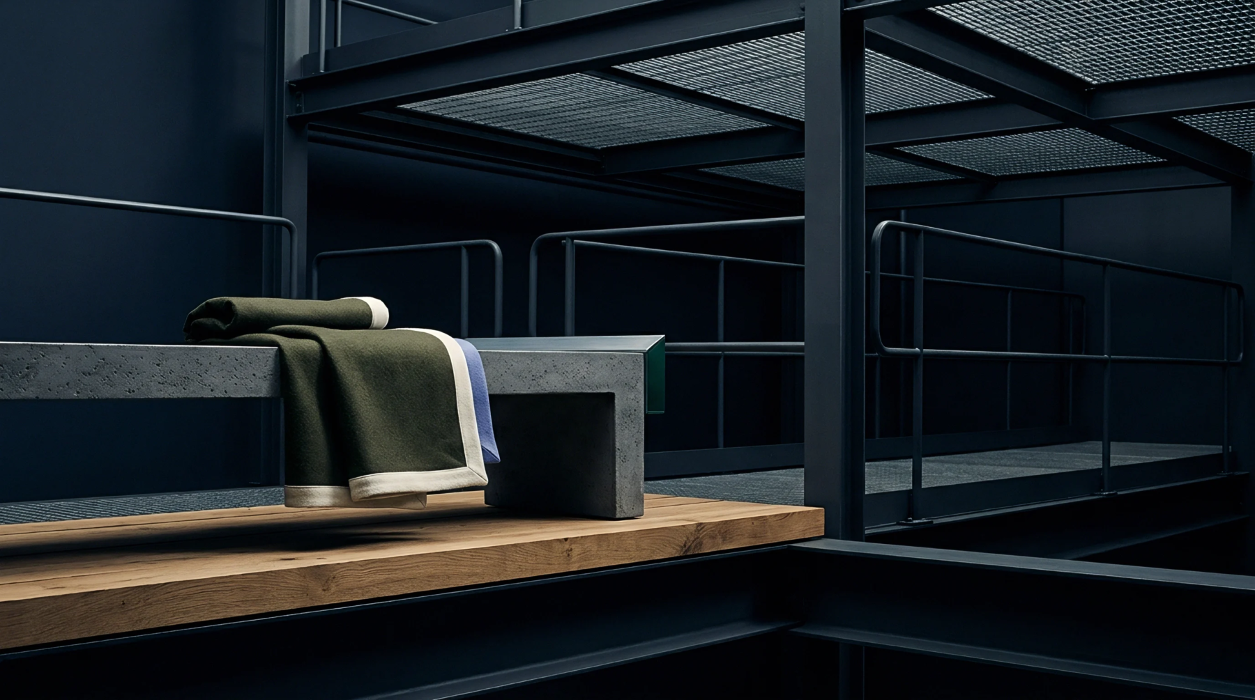 A wool textile folded over a polished concrete bench sits atop timber planks beside steel framing and elevated metal grid walkways.