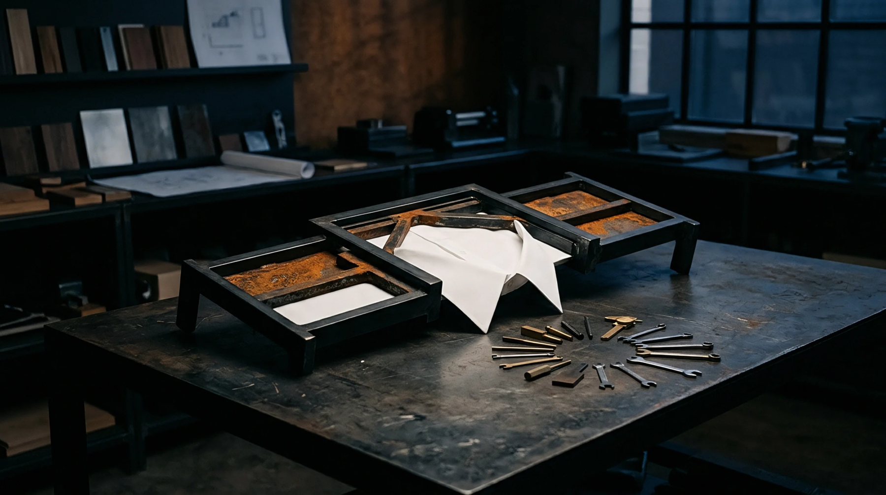 An industrial workbench displays three dark metal frames with rust and white inserts, accompanied by an organized fan of small metal tools.
