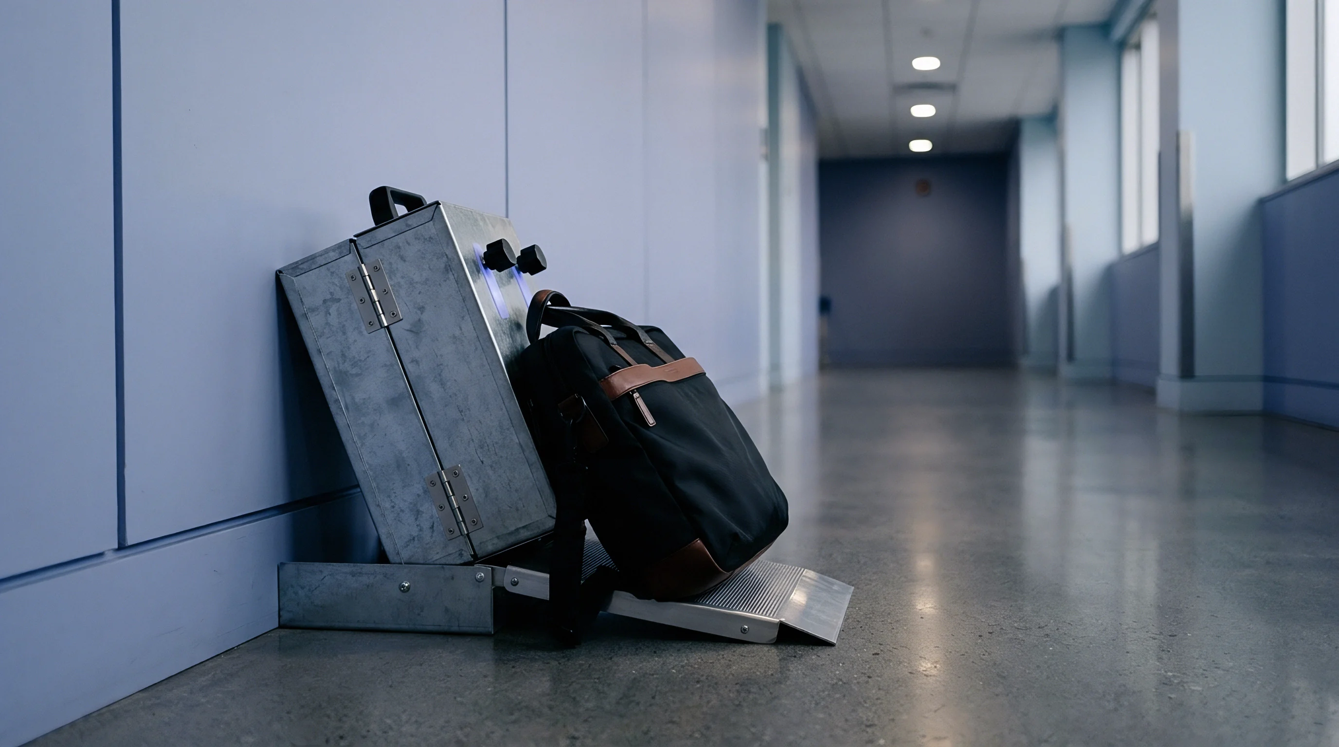 A reinforced metal equipment storage case rests against a corridor wall beside a professional laptop bag on the smooth synthetic flooring.