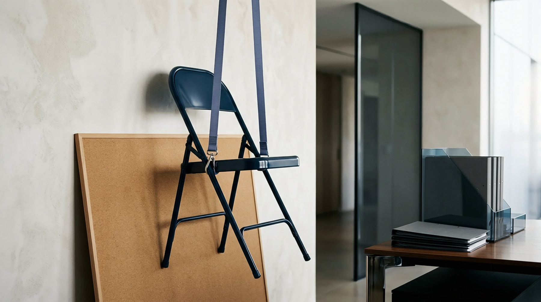 A dark blue metal folding chair hangs vertically from two grey straps attached to a corkboard partition within a minimalist office interior setting.