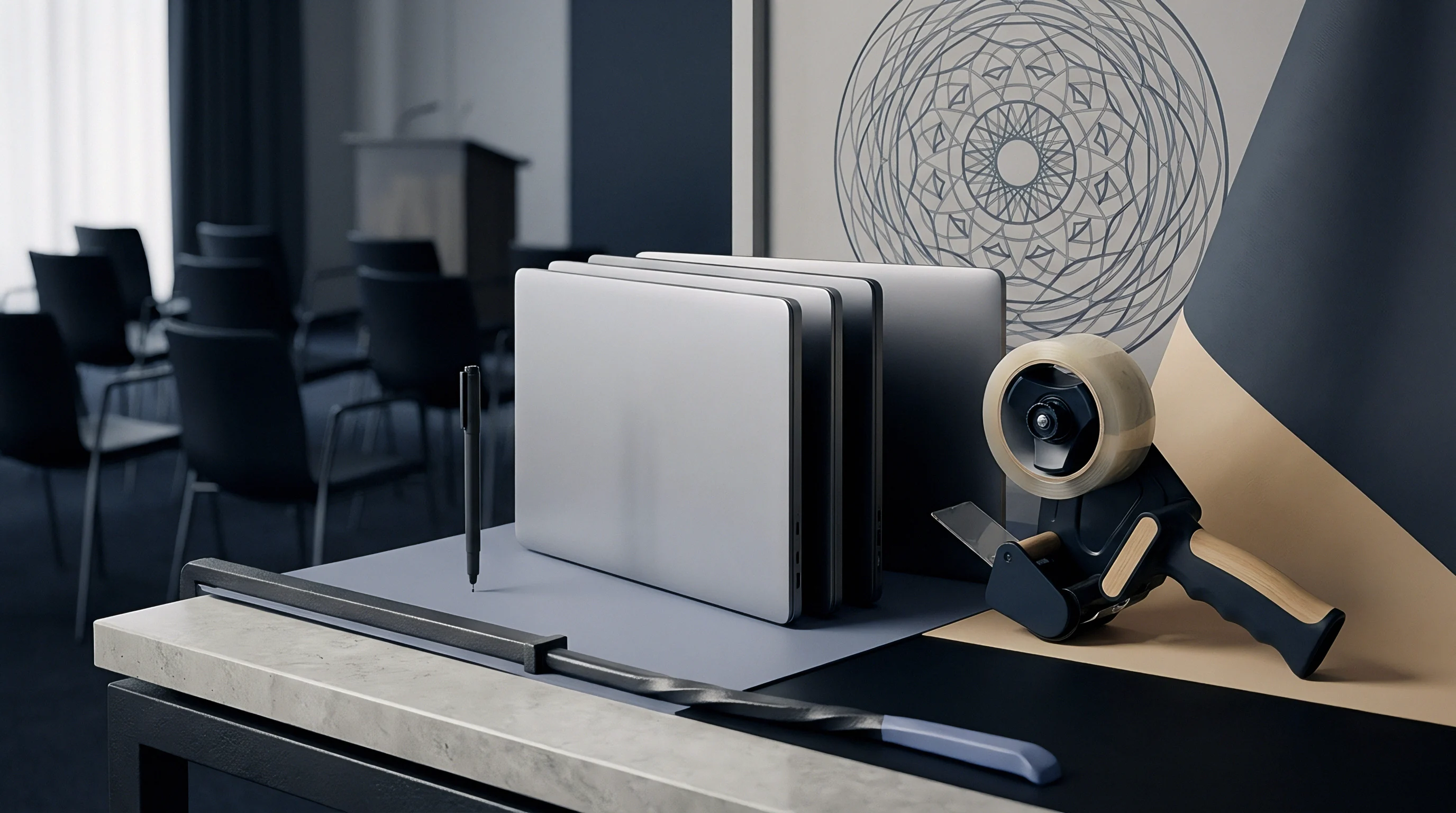 Rendered hardware units alongside packaging materials and industrial components occupy a prepared surface within a conference room interior.