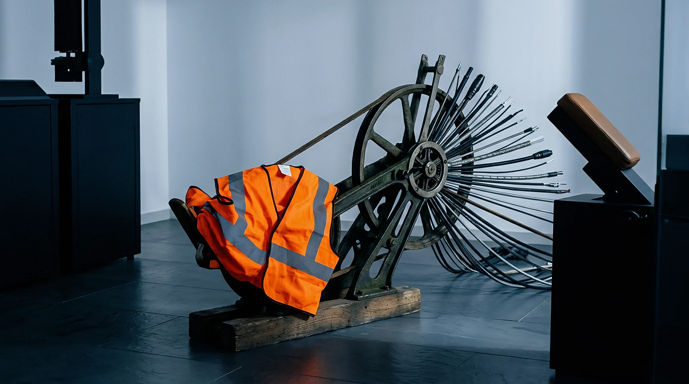 Cast iron machinery components and structured cable bundles rest upon wooden timber inside a minimalist manufacturing facility floor.