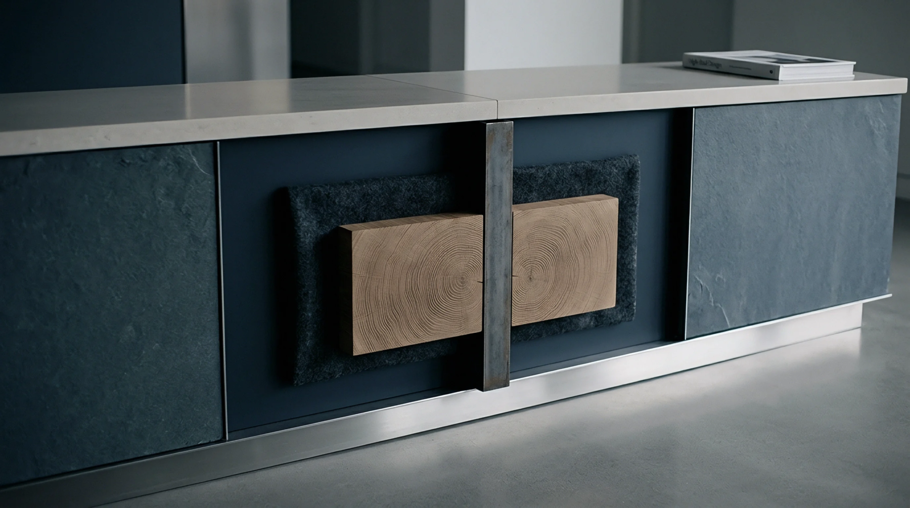 A modular storage unit combines raw timber cross sections with slate stone panels and vertical steel hardware on a concrete floor.