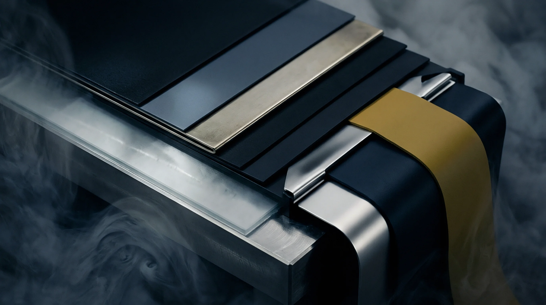 Layers of metal and polymer sheets are assembled with a yellow band amidst rising white vapor.