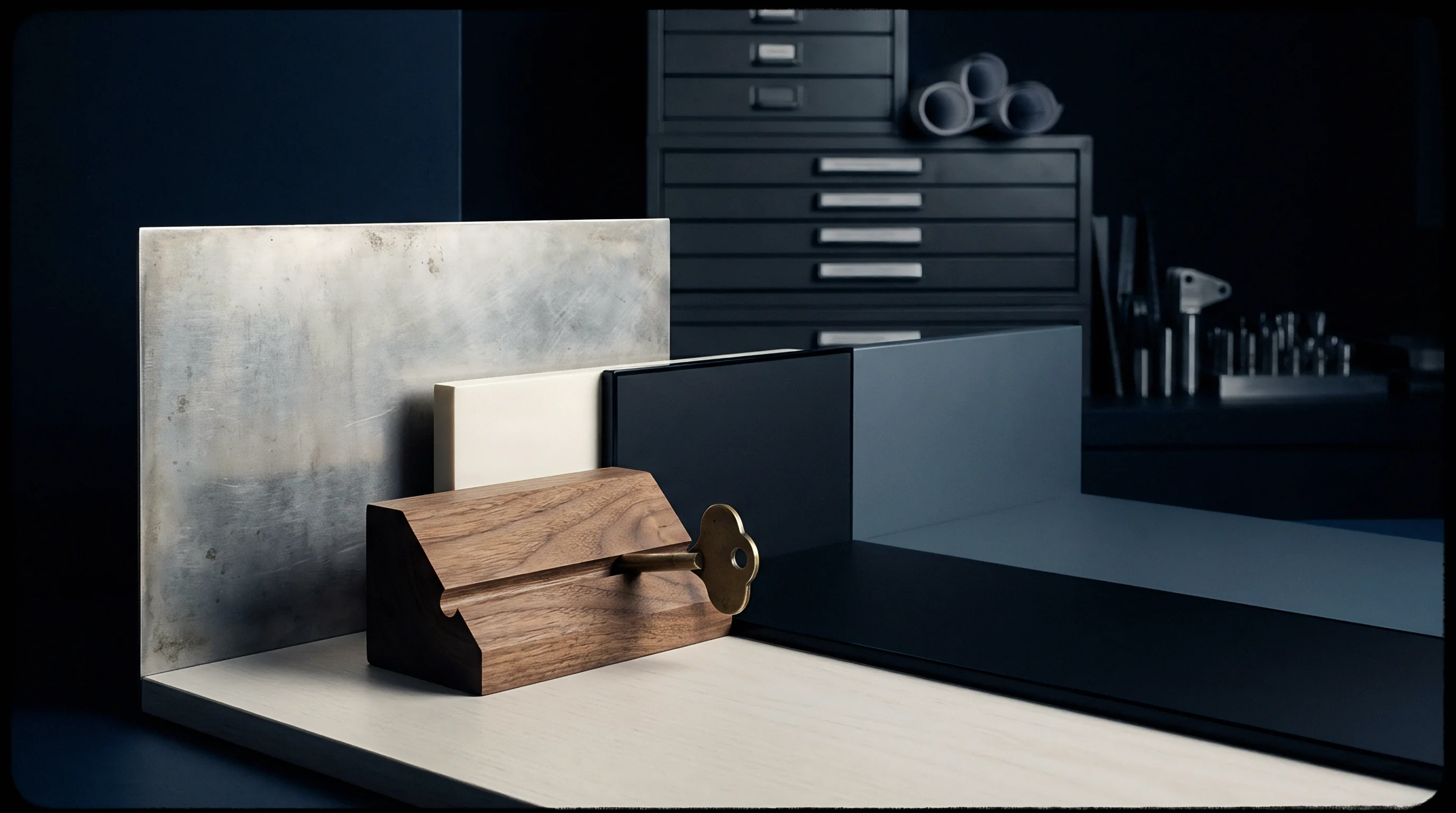 Metal and timber material samples alongside a brass key rest on a workshop workbench before industrial storage drawers and blueprints.