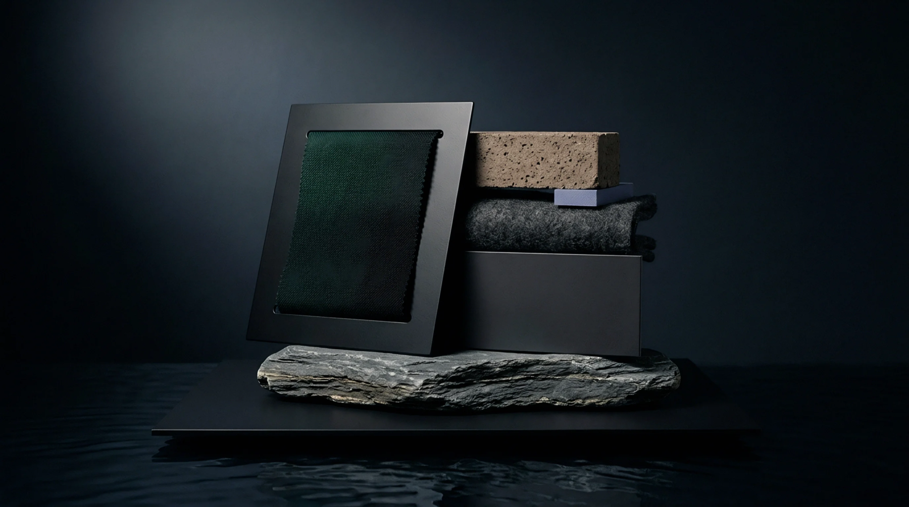 A textile swatch framed in metal sits beside stacked composite blocks atop a raw stone slab inside a dark studio.