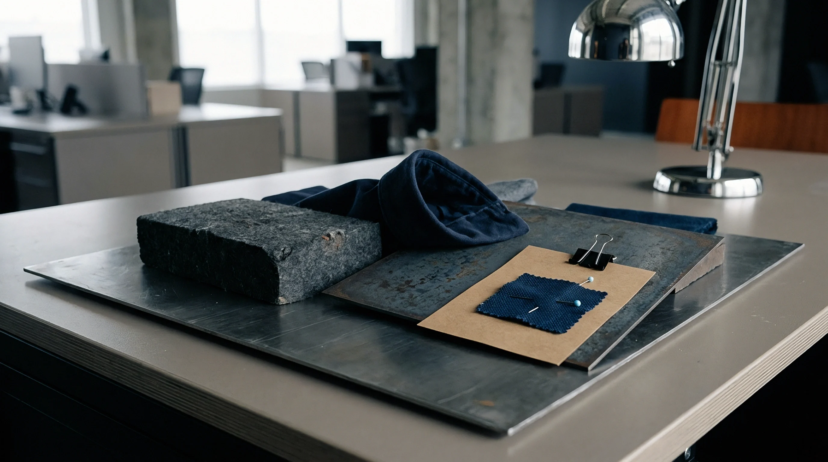 Industrial material samples including a textured block, metal plates, and dark fabric swatches are displayed on a desk in a modern office.