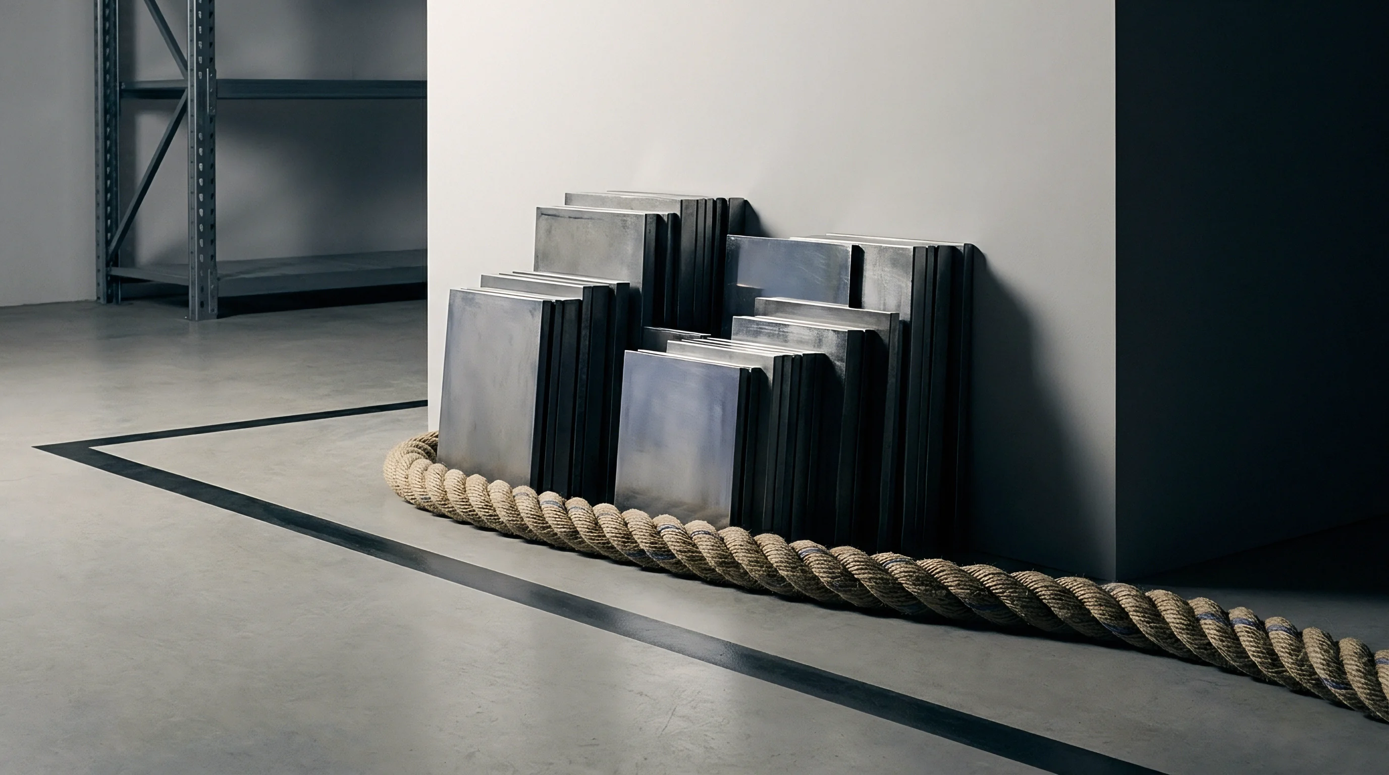 Large stacks of rectangular metal sheets lean against a pale wall, with a thick braided rope delineating an area on the concrete floor.
