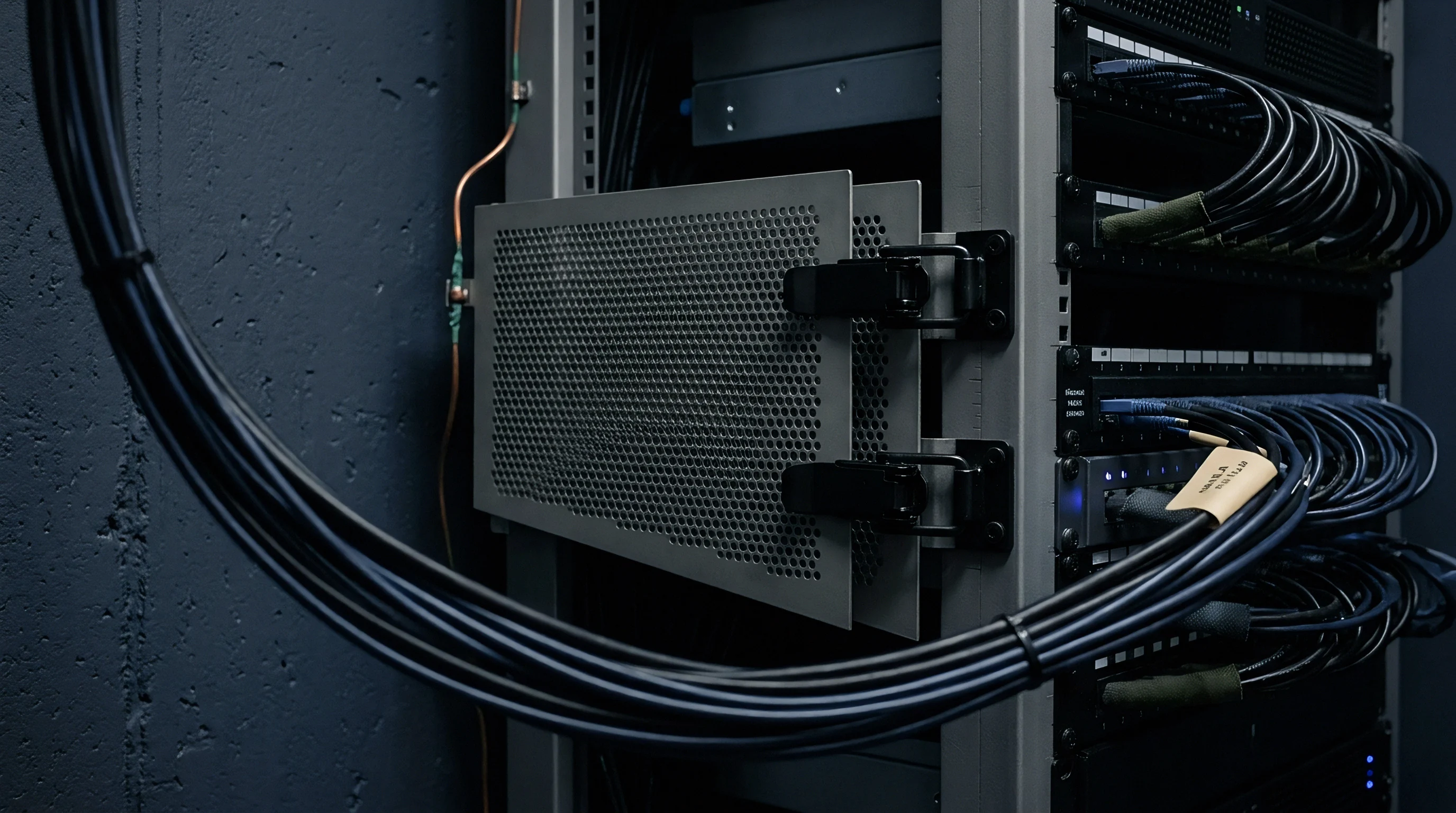 Perforated metal cooling plates and bundled network cabling connect to a vertical equipment rack within a dark industrial production facility.