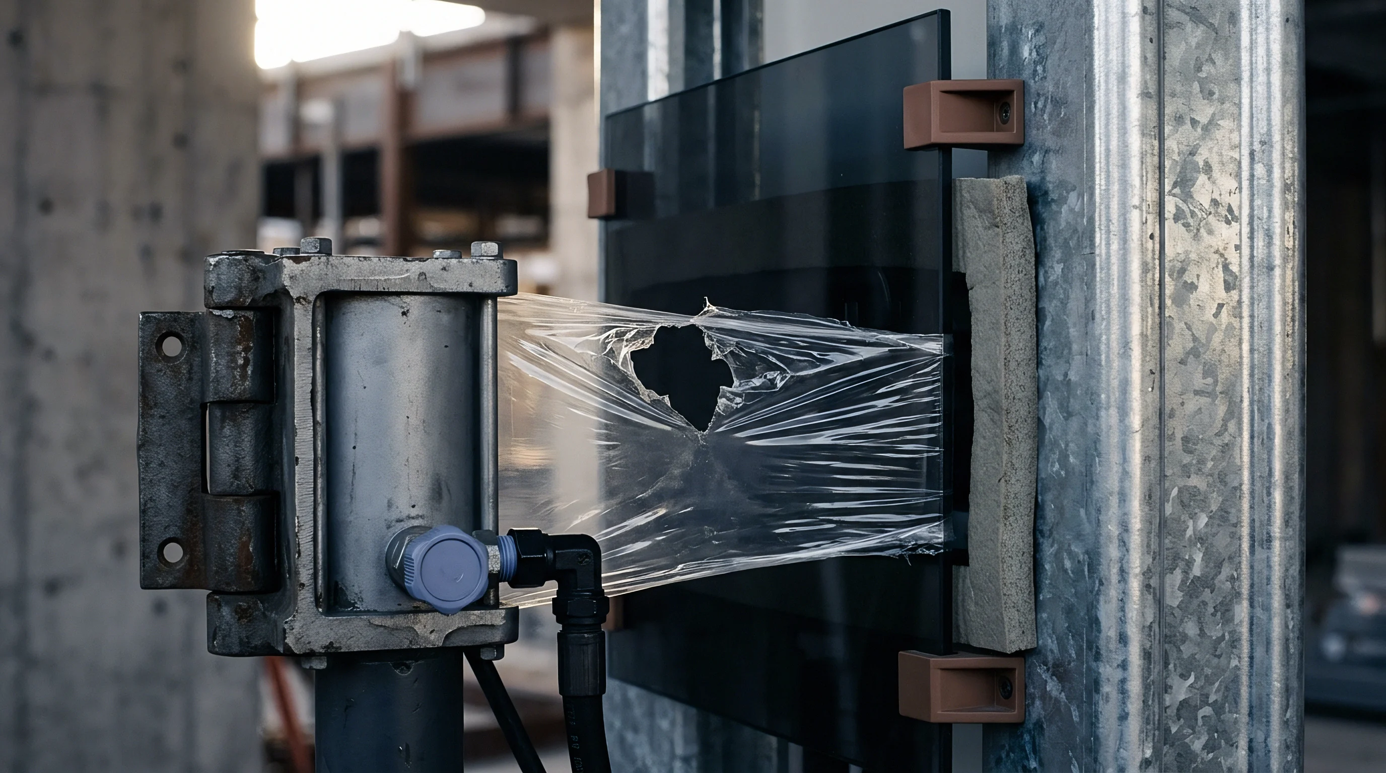 A pneumatic clamp secures a darkened glass panel wrapped in thin polymer film within a steel structural frame in a factory setting.