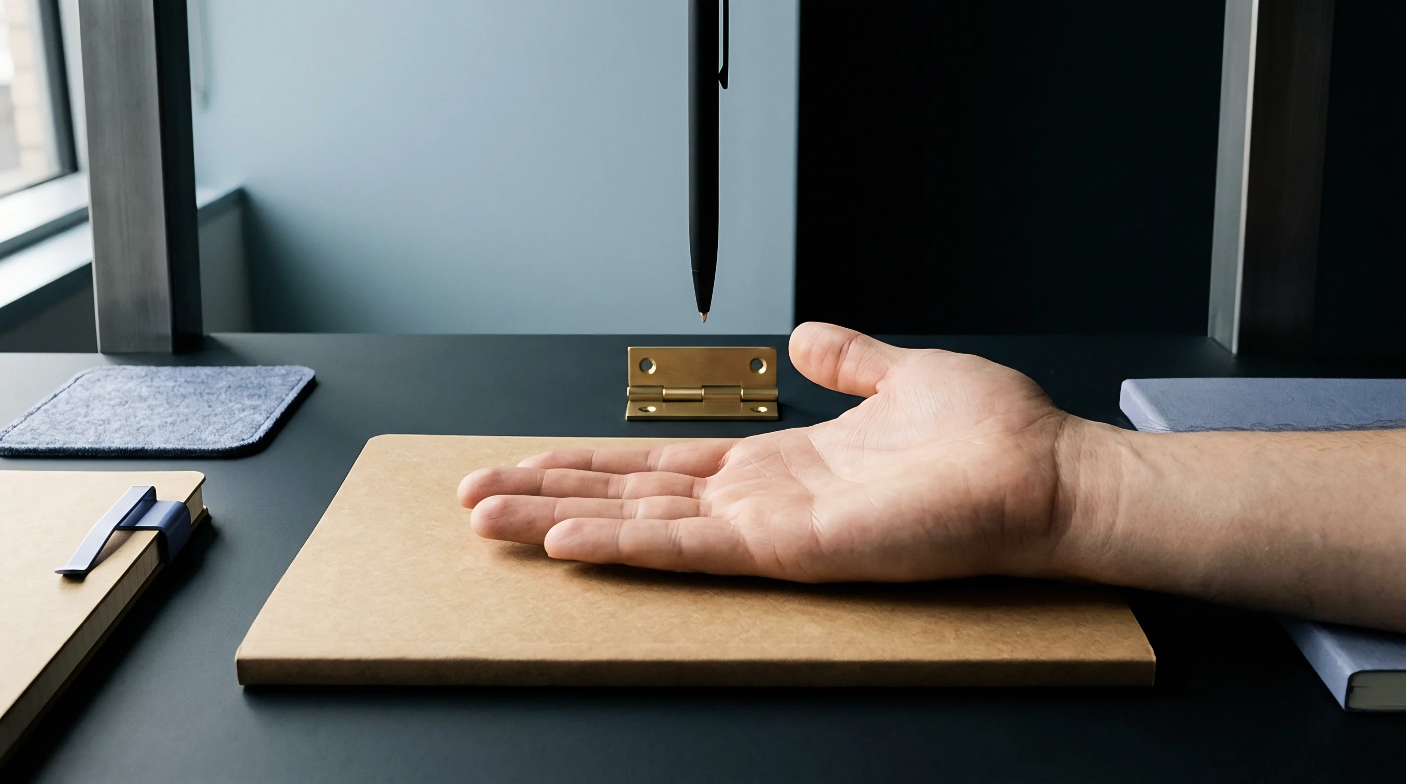 A hand rests on a kraft notebook while a black stylus remains suspended vertically above a brass hinge on a dark desk.