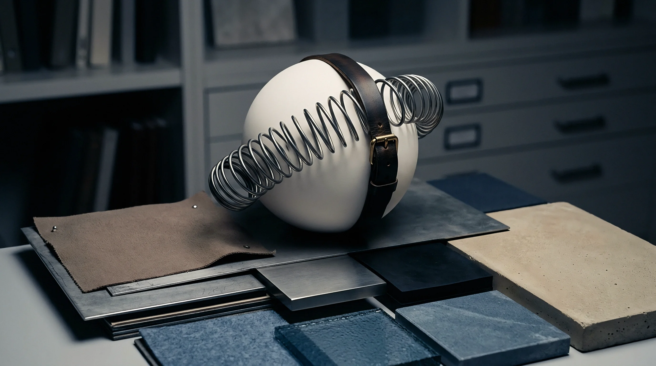 A central white sphere secured by a leather strap and metallic spring sits among varied industrial material samples on a work table.