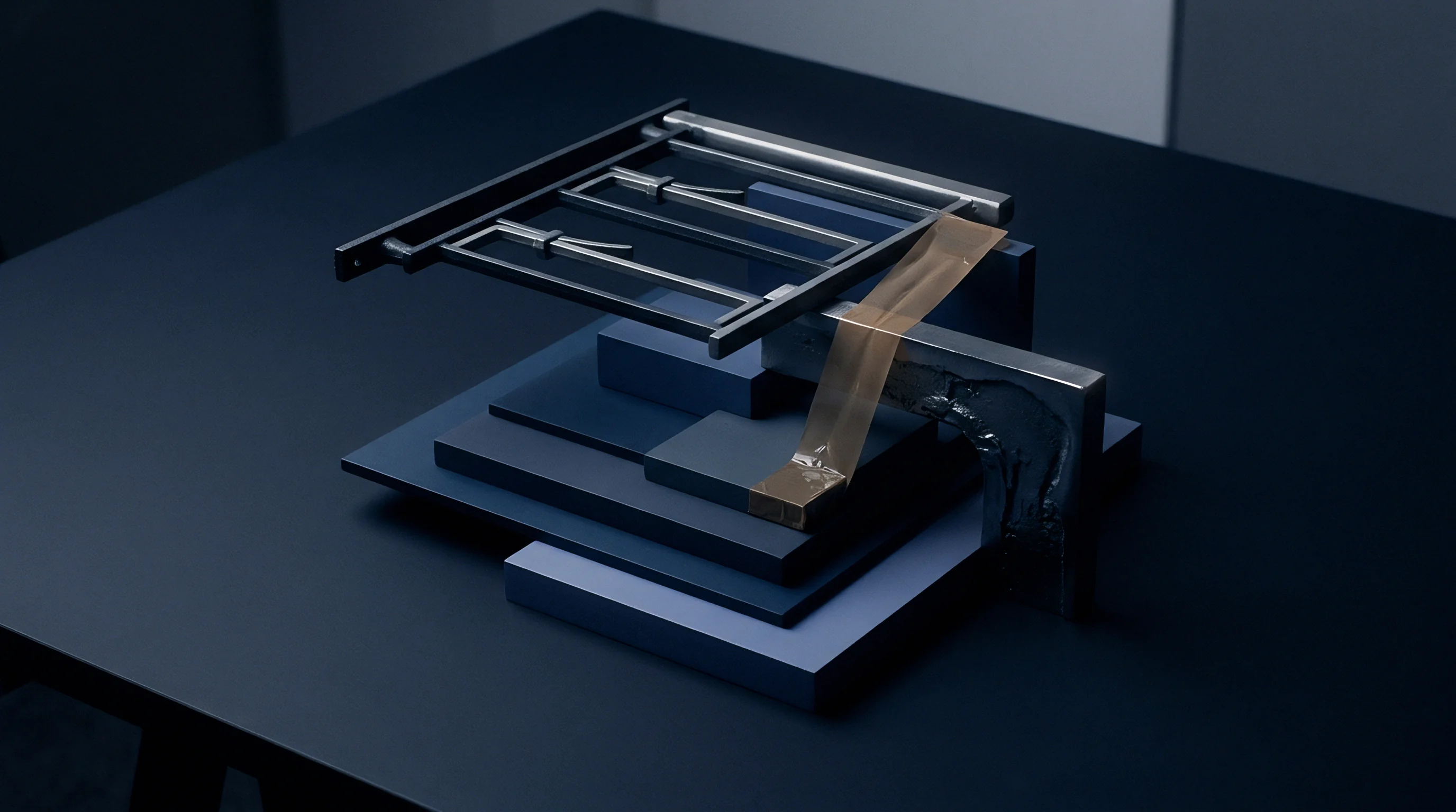 An industrial 3D render of a geometric model features dark blue blocks supporting a silver metal frame held by a translucent brown strip.