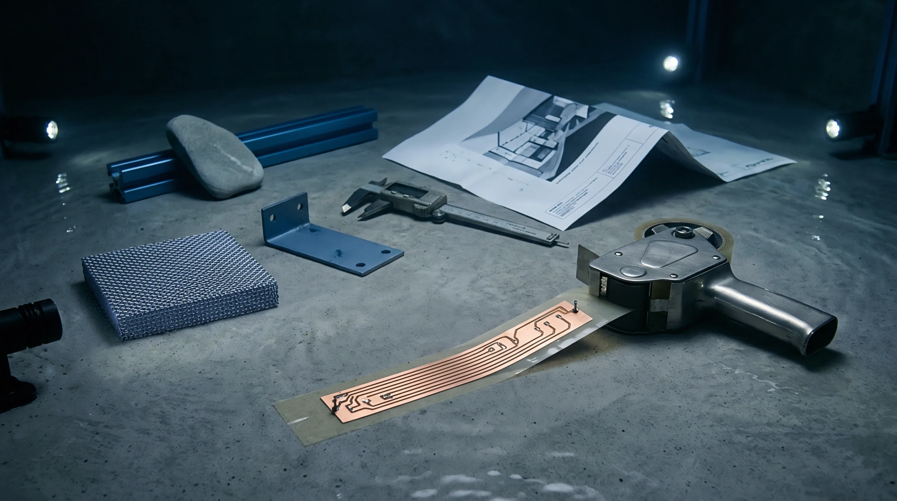 Industrial prototyping materials, a digital caliper, technical blueprints, an angled bracket, and a flexible circuit board rest on a grey workshop surface.