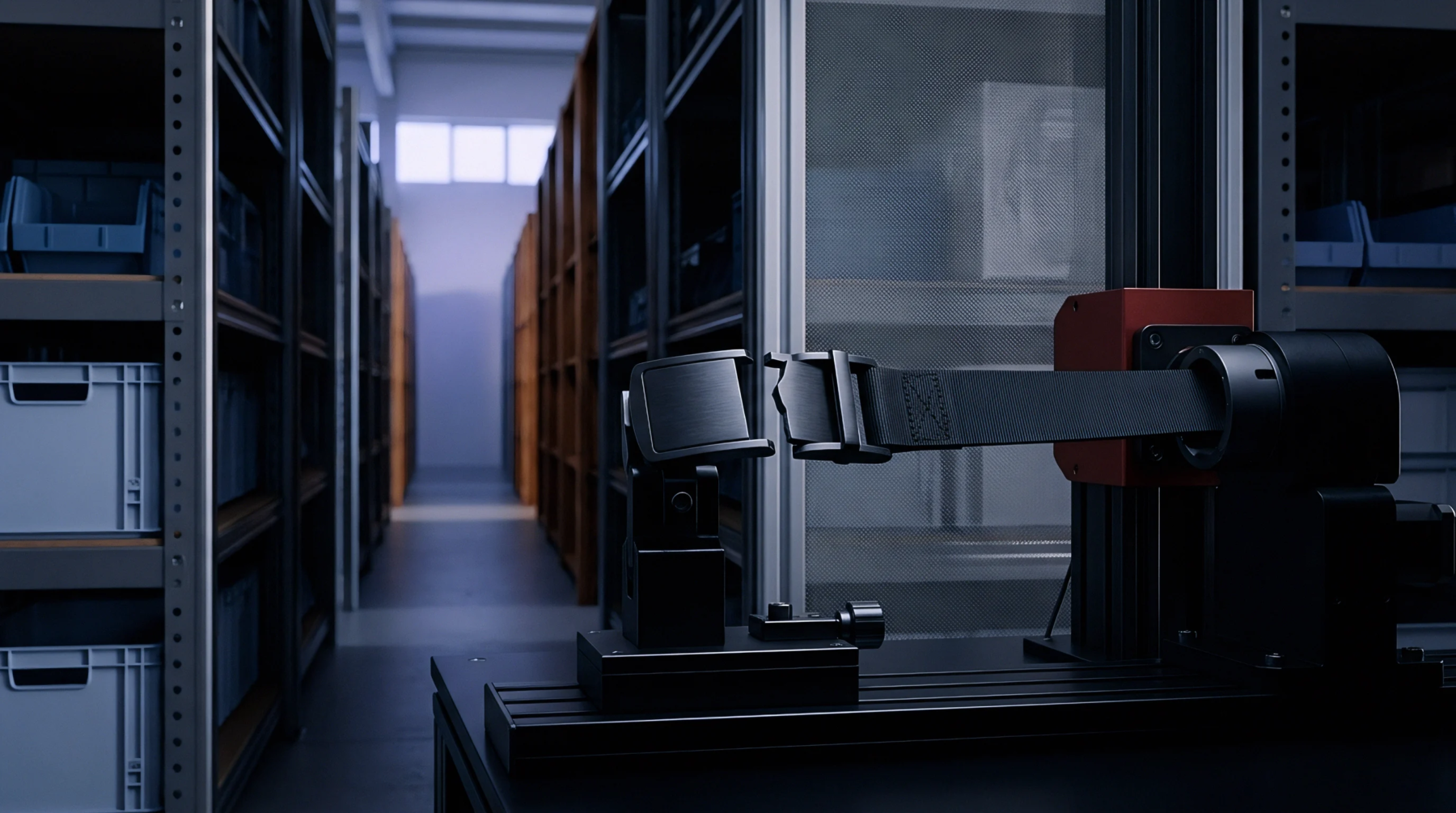 A mechanical testing rig secures a synthetic webbing strap and buckle within an industrial warehouse rack environment for durability assessment protocols.
