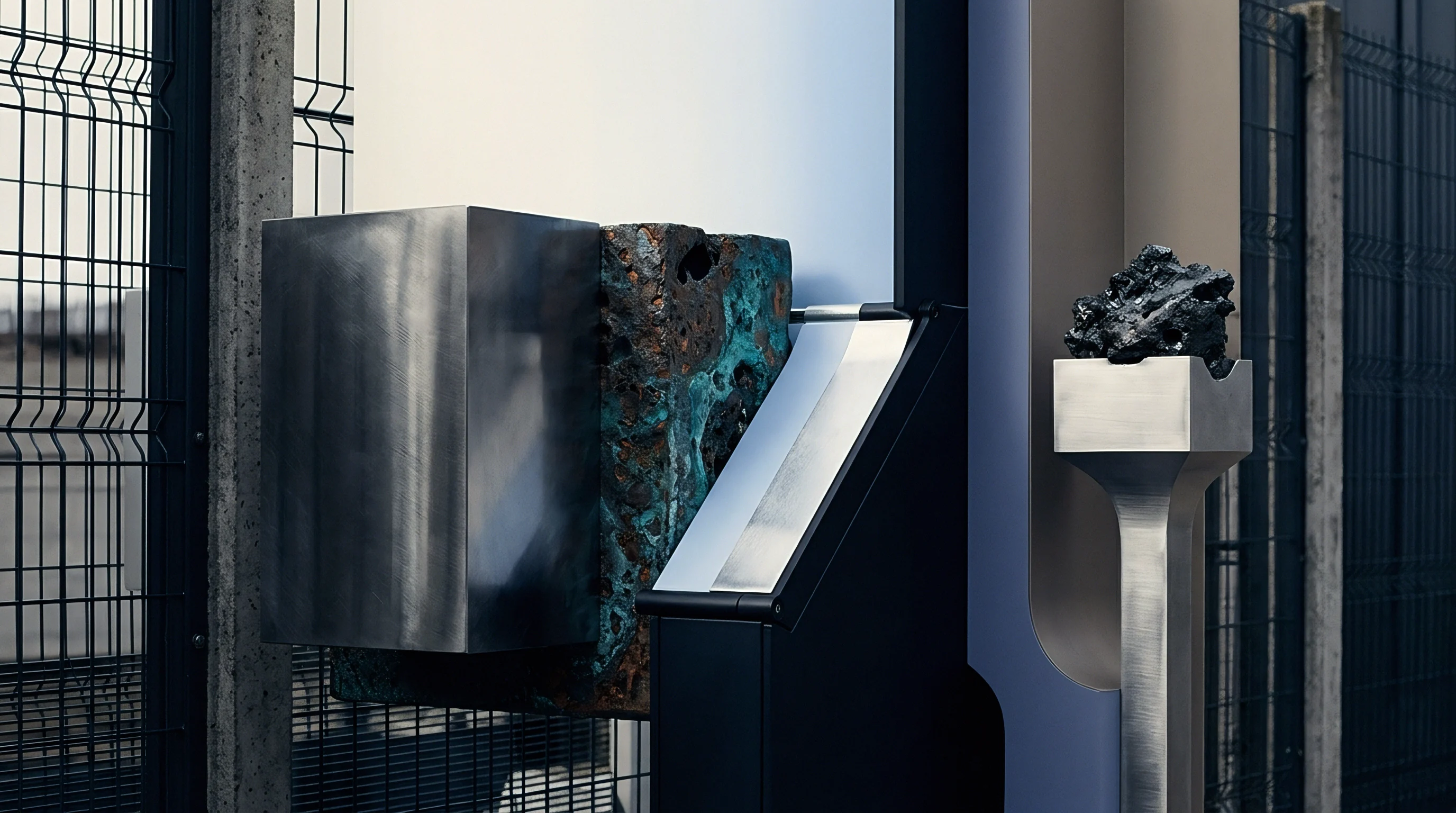 Metal blocks and raw mineral specimens stand on industrial fixtures against a background of steel wire fencing.